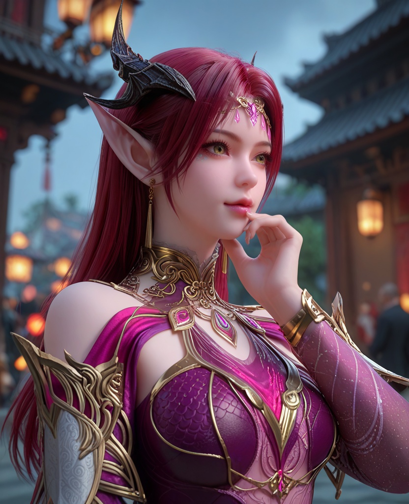 (oriental architecture, elegant decor, sophisticated style:1.1),(With one hand touching her chin, eyes gazing into the distance, she emanates contemplation and wonderment:1.1),(breasts:1.2),<lora:XL百炼成神剑灵妖夜:0.9>,miss yaoye,long hair,jewelry,red hair,pointy ears,armor,earrings,horns,hair ornament,breasts,barefoot,socks,yellow eyes,lips,elf,, zPDXL2, score_9, score_8_up, score_7_up BREAK realistic, masterpiece,best quality, highly detailed,, zPDXL3, zPDXL2,zPDXL, zPDXLxxx, zPDXLrl,