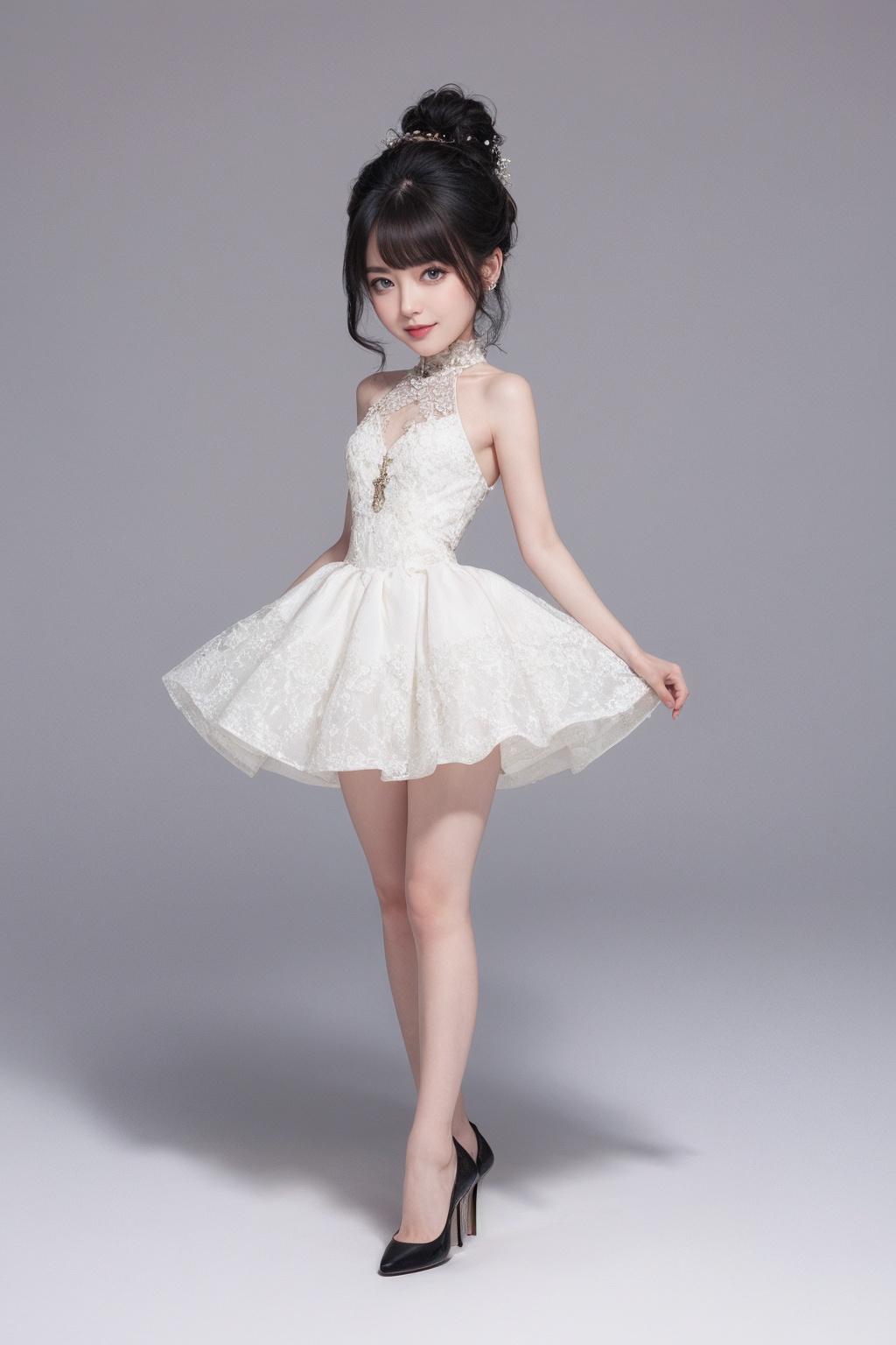 <lora:LoraAgainMixChibi_v1:1>,1woman,mature,dress,chibi,full body,black hair,high heel shoes,white background,
