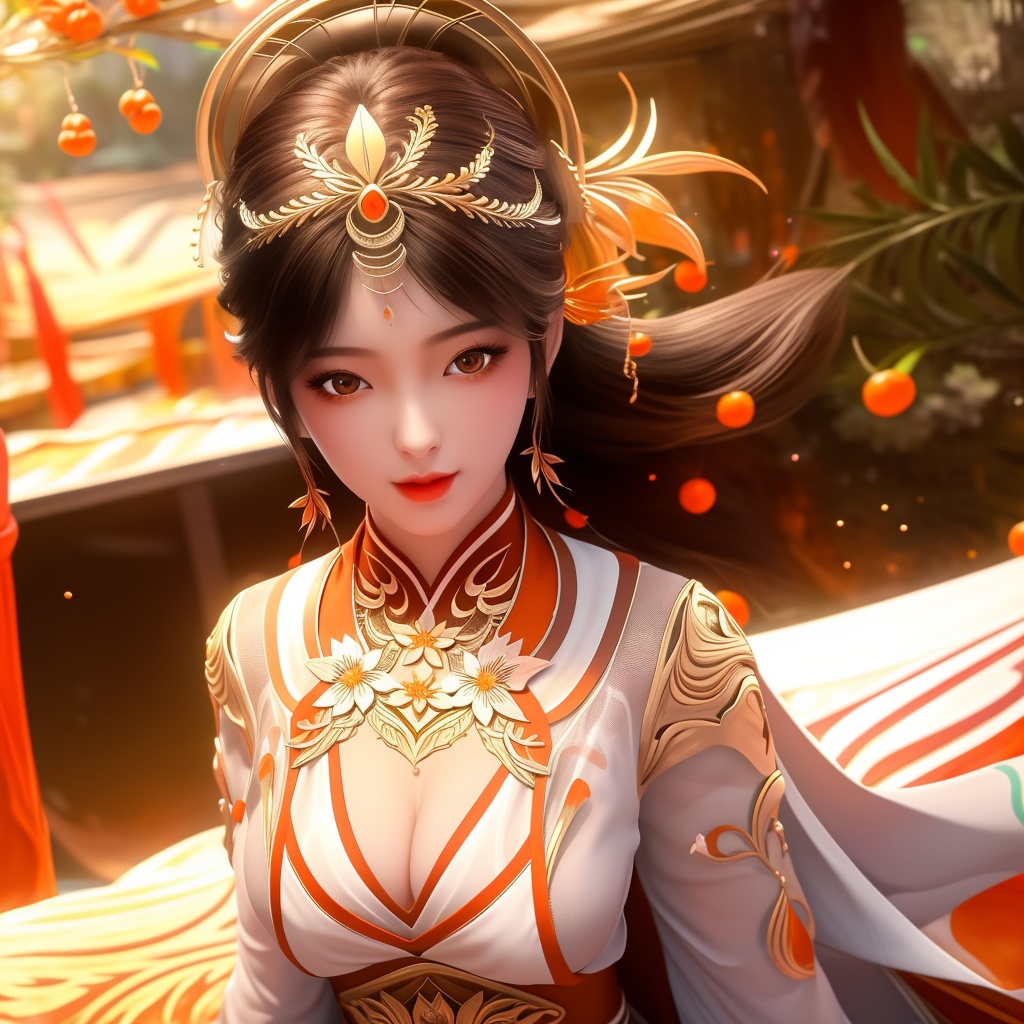 <lora:770-DA-完美世界-火灵儿-婚服:0.8>, (,1girl, ,best quality, ),looking at viewer,  ,ultra detailed background,ultra detailed background,ultra realistic 8k cg,, ,masterpiece, (( , )),, ,      ,  orange blossoms,  (cleavage),,  (), ,,