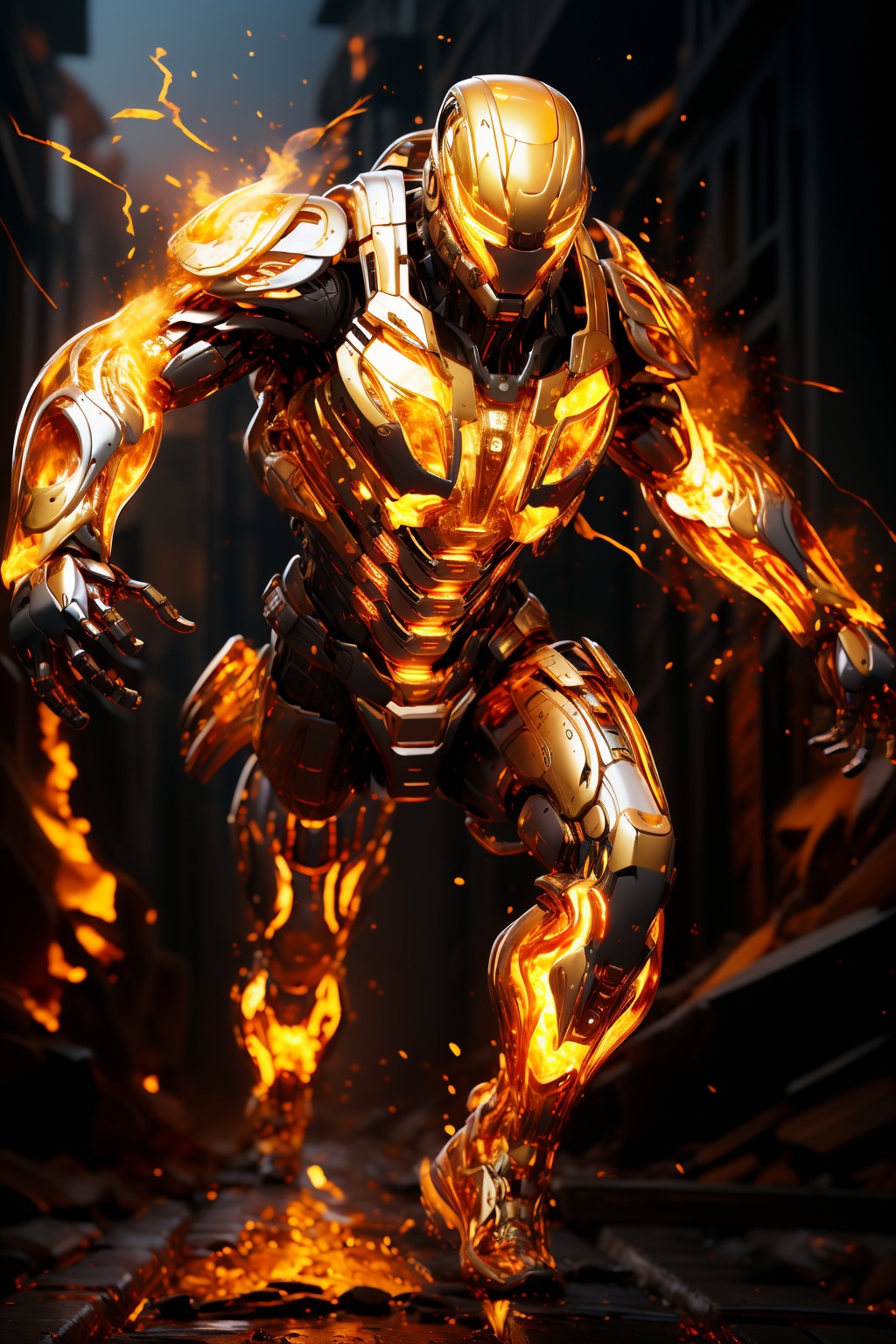 hjyfirerobot,(flame:1.5),fog,(flashing lightning:1.1),chaos flame around mecha,(spark:1.2),(rush out from flame and flashing:1.3),glowing eyes,sleek mecha,sleek helmet,hjytransprobot2,Science Fiction Transparent Helmet,Transparent mecha,Semitransparent plastic material,(glowing gold robot:1.2),masterpiece,best quality,(highly detailed),cyborg,(full body:1.2),wide angle,(sci-fi  background:1.2),run,<lora:hjyfirerobot2--000010:1>,power armor,<lora:hjytransprobot2-000015:0.3>,