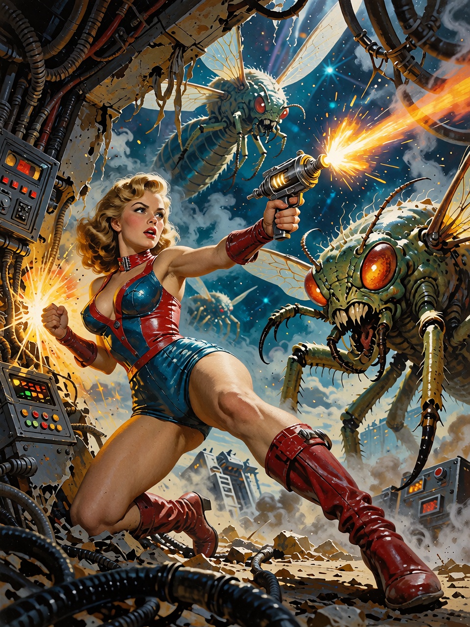 A retro-futuristic heroine firing a ray gun at enormous insectoid aliens inside a damaged orbital station,  sparks and smo...