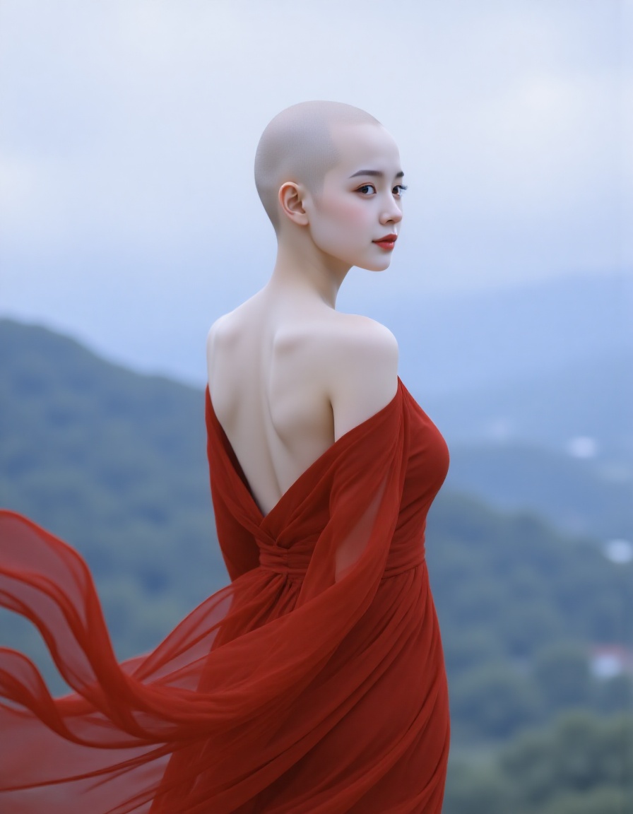 pl,pl,guangtou,1 women,pl,guangtou,1 women,A digital CGI image of a bald,fair-skinned woman with a slender physique,wearing a flowing,off-shoulder red dress. She stands against a misty,blue-hued mountainous background,exuding a serene,ethereal aura.,