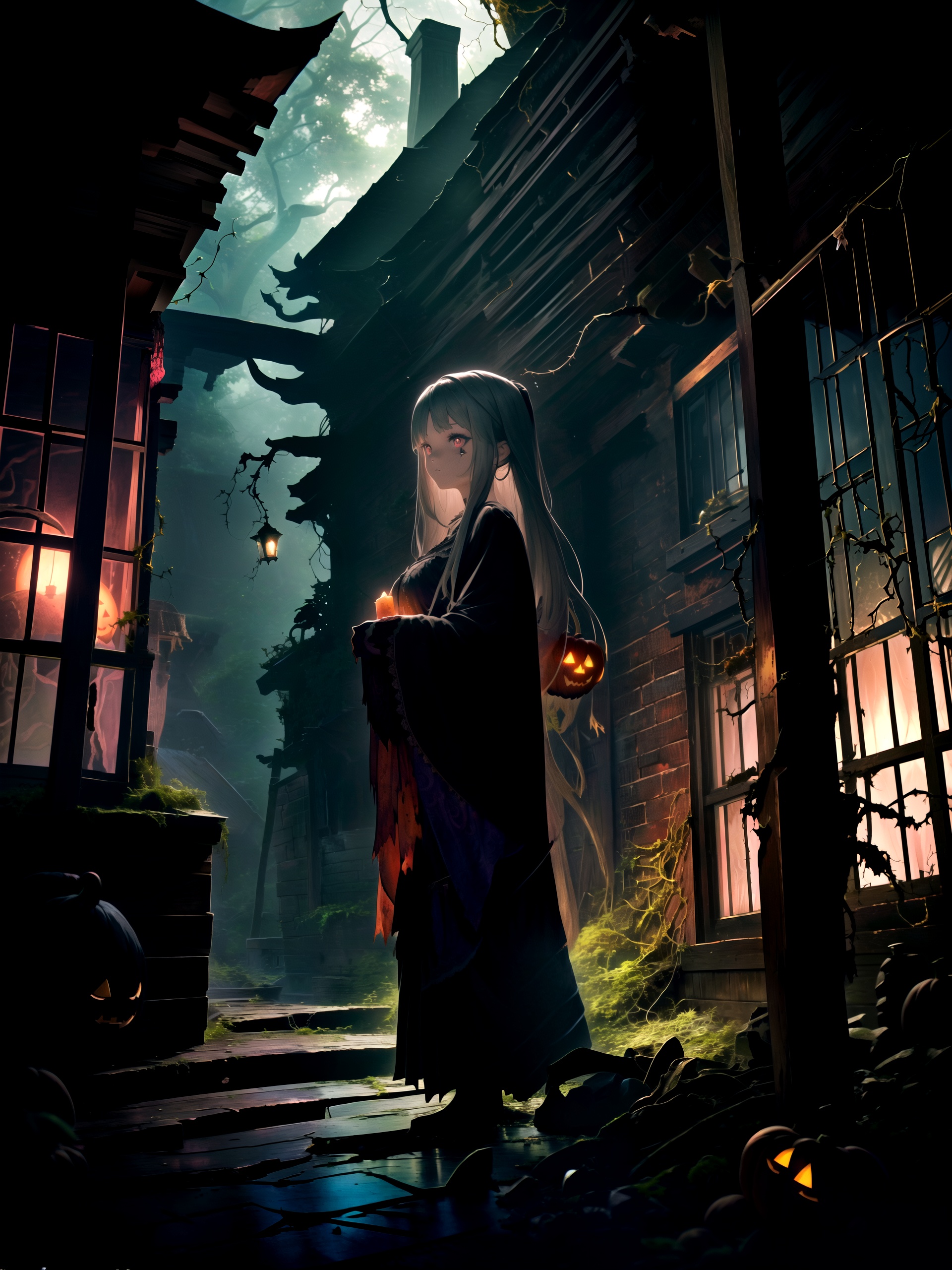 a girl in a Halloween costume,  standing in front of a haunting house adorned with eerie decorations. The girl's costume i...