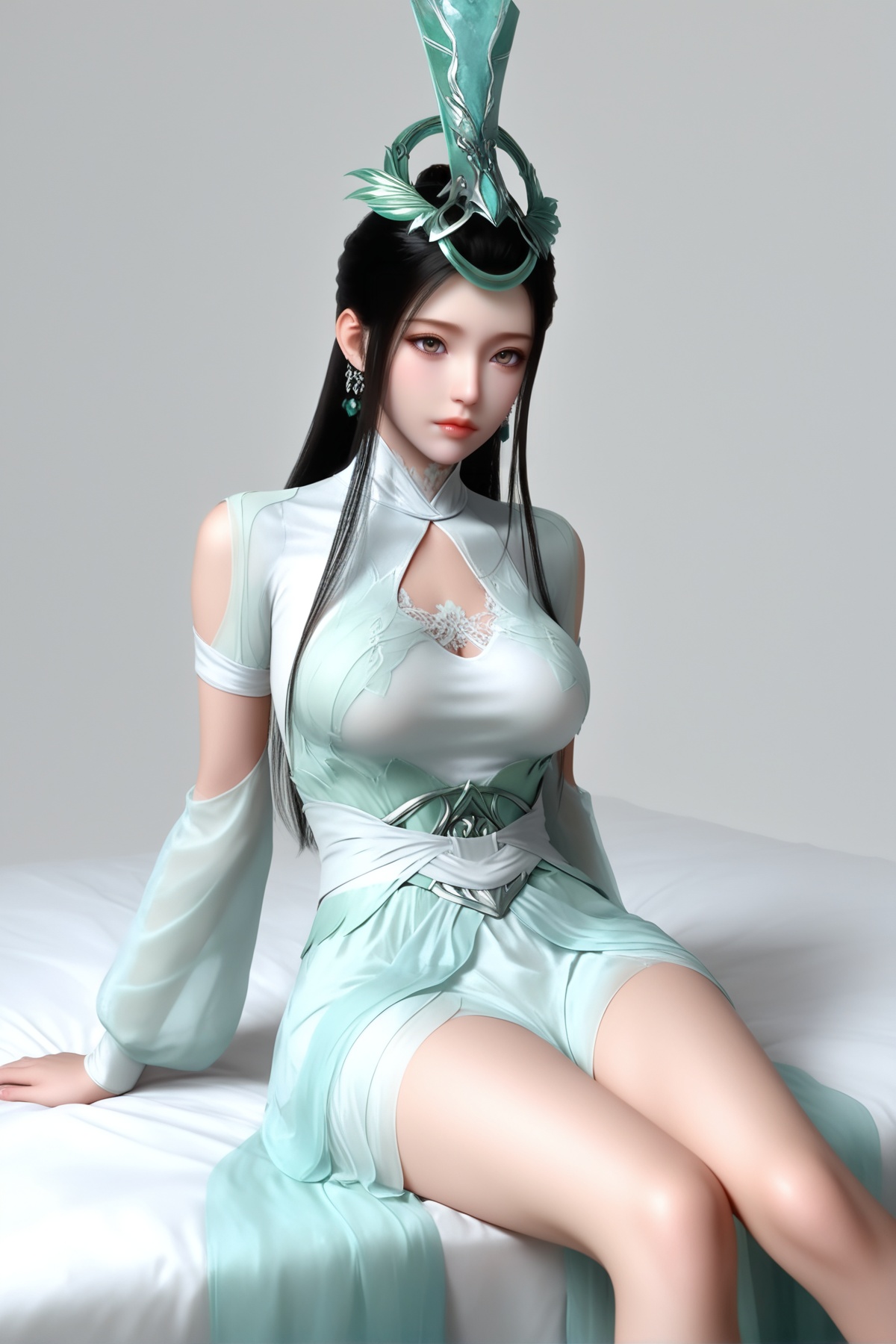 masterpiece,best quality,realistic,cinematic,detail eyes,(ultra-detailed),perfect composition,intricate details,absurdres,detailed face,high quality,high res,8K,<lora:X_lujiajia_IL4.0:0.8>,black hair,brown eyes,circlet,1girl,long hair,breast,medium breast,hair_ornament,dress,bare_legs,sitting,bed,simple background,white_background,