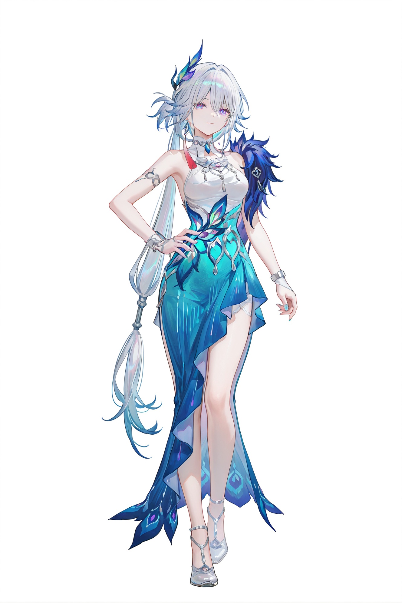 8k,best quality,masterpiece,(ultra-detailed),(high detailed skin),((artist:reoen),(artist:fuzichoco),(artist:atdan),(artist:torino_aqua),year 2024:0.8)1girl,[artist:wlop],[artist:ningen_mame],artist:ciloranko,[[artist:rhasta]],artist:tidsean,colorful,full body,full shot,standing,(solo:1.2),simple background,(white background:1.2),hand on own hip,(white background:1.1),looking at viewer,<lora:yaoguang-ill-Tanger:0.8>,Yao Guang \(Honkai: Star Rail\),clothes: lightcyan dress,blue one-shoulder fur outfit,1girl,long hair,hair ornament,jewelry,purple eyes,white hair,multicolored hair,earrings,white footwear,feathers,