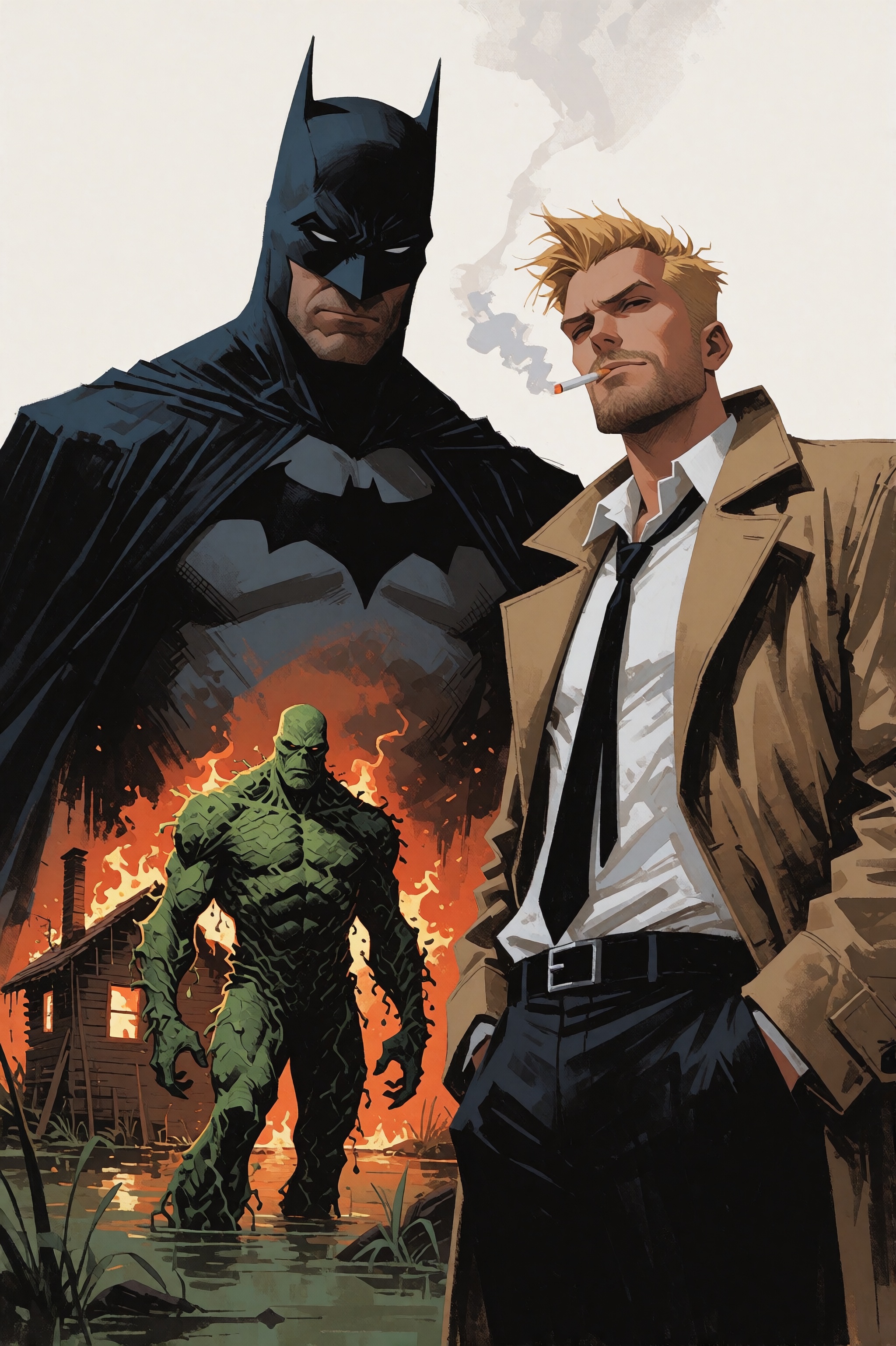 abstract illustration of Batman,  Swamp Thing and John Constantine from DC comics. on the left side of the cowl and should...