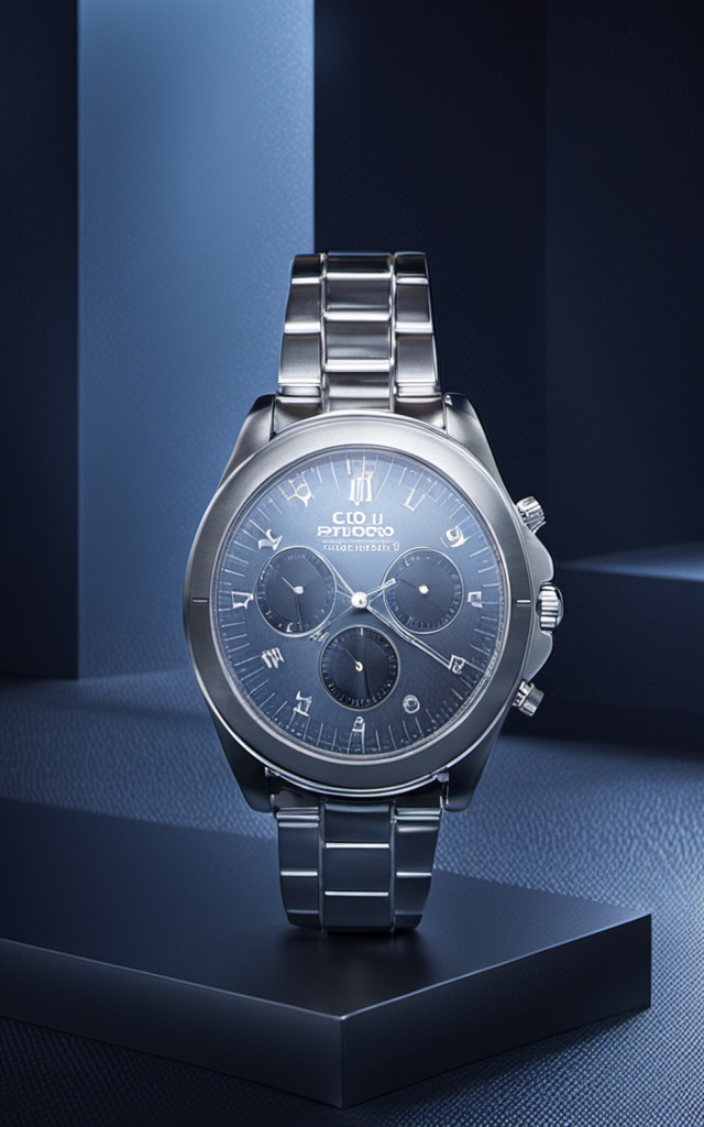 gaoji, Studio shot of the watch, placed on an elegant black countertop with a background of dark grey and light gradient blue, soft studio lighting, depth of field,<lora:GJsp4-XL-000005>,
