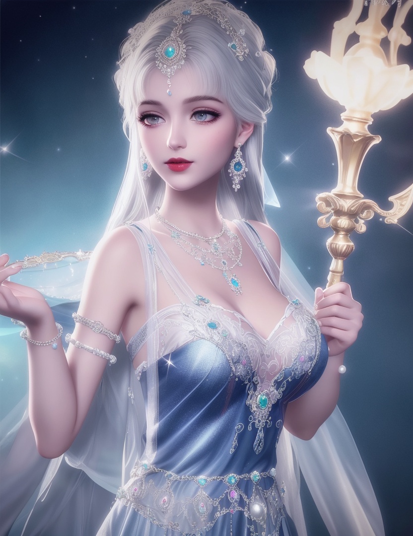 ultra realistic 8k cg, picture-perfect face, flawless, clean, masterpiece, professional artwork, famous artwork, cinematic lighting, cinematic bloom, perfect face, beautiful face, fantasy, dreamlike, unreal, science fiction, huge breasts, beautiful clothes, lace, lace trim, lace-trimmed legwear, (rich:1.4), prestige, luxury, jewelry, diamond, gold, pearl, gem, sapphire, ruby, emerald, intricate detail, delicate pattern, charming, alluring, seductive, erotic, enchanting, hair ornament, necklace, earrings, bracelet, armlet,halo ((,1girl:1.5,   solo, ))<lora:DA_NikkiChangEr2.0:0.6>