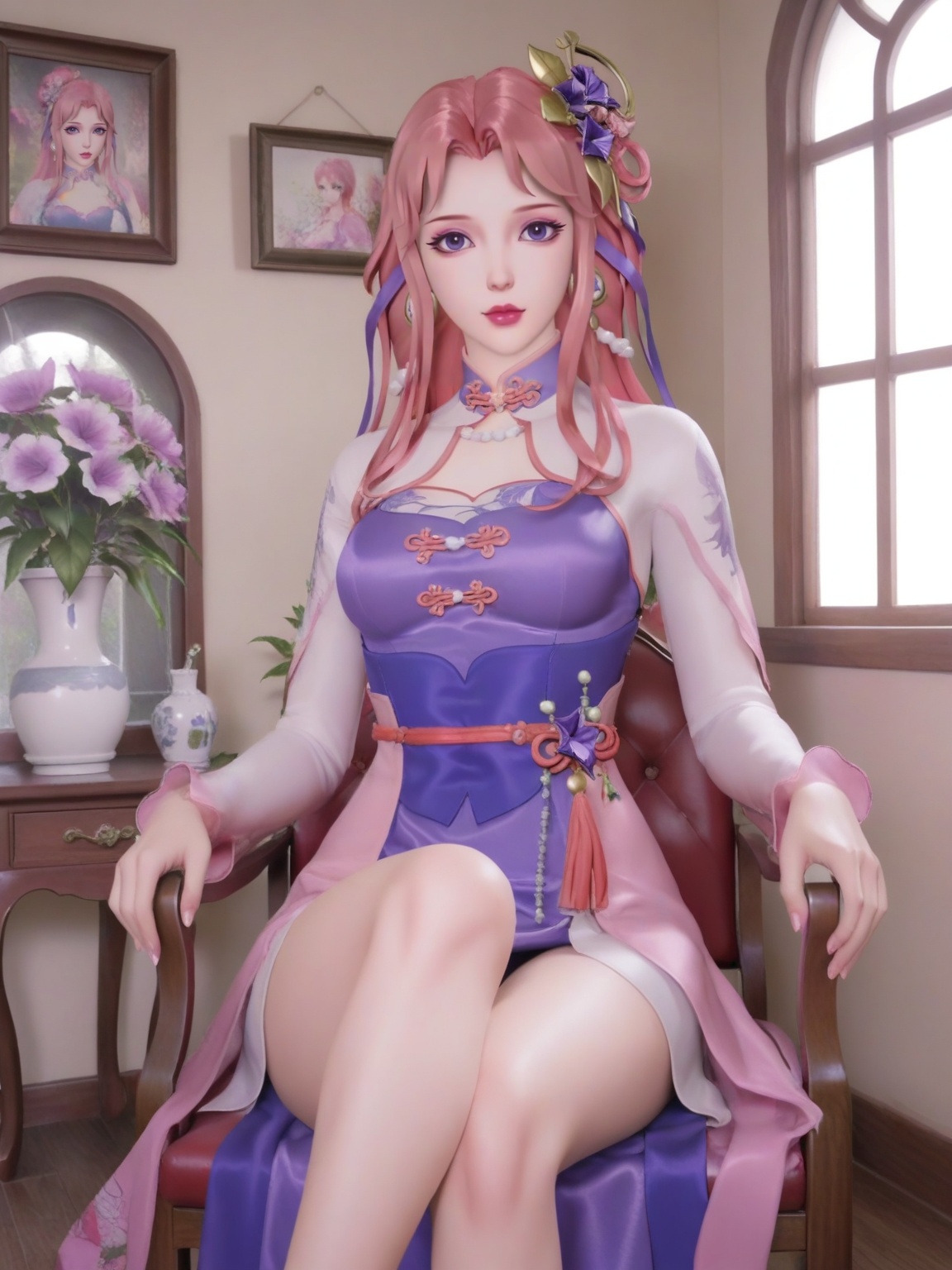 score_9,<lora:SF_WangZhaoJun2_QQZ_Pony_Realism2.3-000003:0.73>,1girl,SFWangZhaoJun,breasts,looking at viewer,dress,hair ornament,pink hair,lipstick,makeup,eyelashes,eyeshadow,hair flower,hair ribbon,long sleeves,solo,cross legs,full shot,cowboy shot,sitting,ribbon,tassel,chair,window,indoors,flower flower pot,
