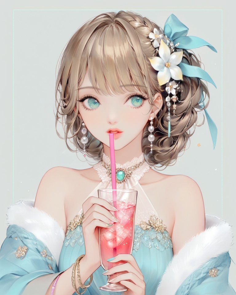 (best quality), ((masterpiece)), (highres), illustration, original, extremely detailed,<lora:DDCXL:0.7>1girl, solo, jewelry, flower, hair flower, hair ornament, bracelet, cup, drinking straw, earrings, parted lips, ribbon, bangs, hair ribbon, upper body, holding, bare shoulders, brown hair, holding cup, nail polish, aqua eyes, looking to the side, drinking glass, fingernails