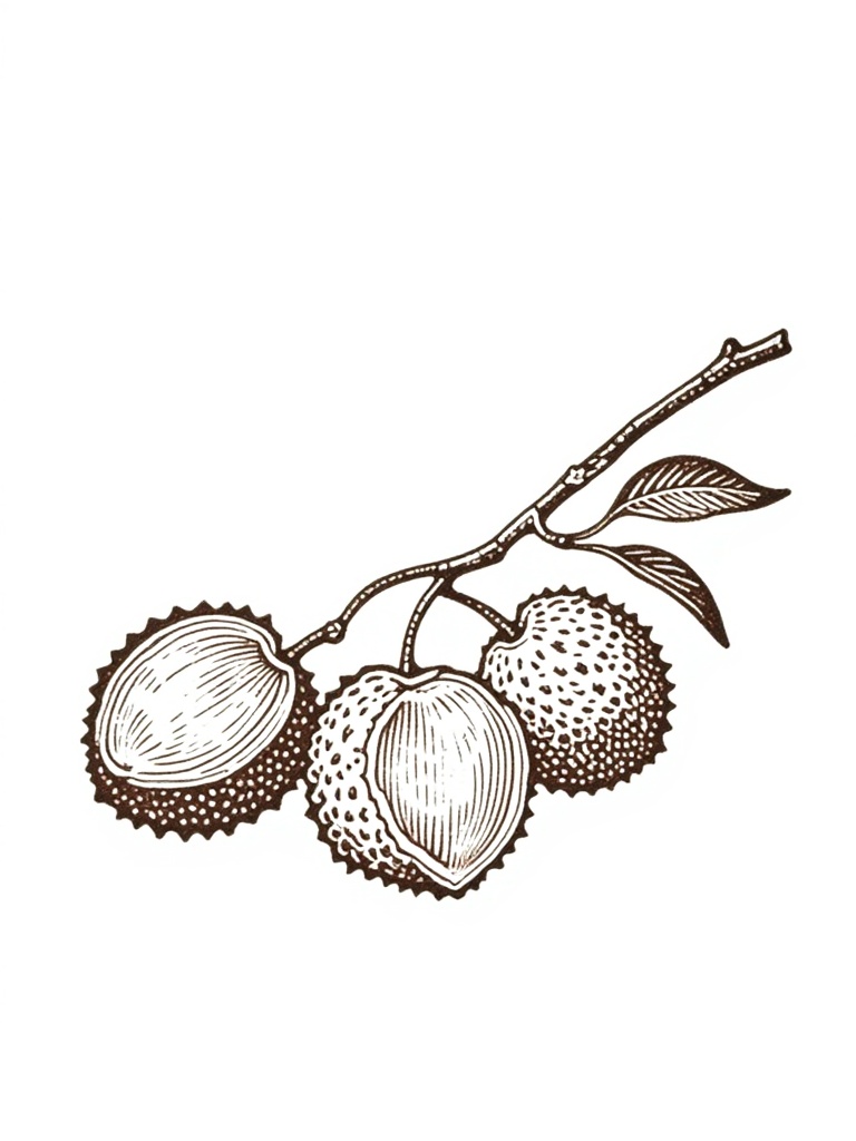mdhsas,woodcut printing.A vintage engraving of a litchi fruit with a stem and leaves. The litchis are round and have a scalloped edge, with a slightly rough texture. The stem is thin and has a few leaves attached to it. The background is plain white. The drawing is in a realistic style with detailed shading and texture.<lora:S-T-版画设计-S1.4:1>