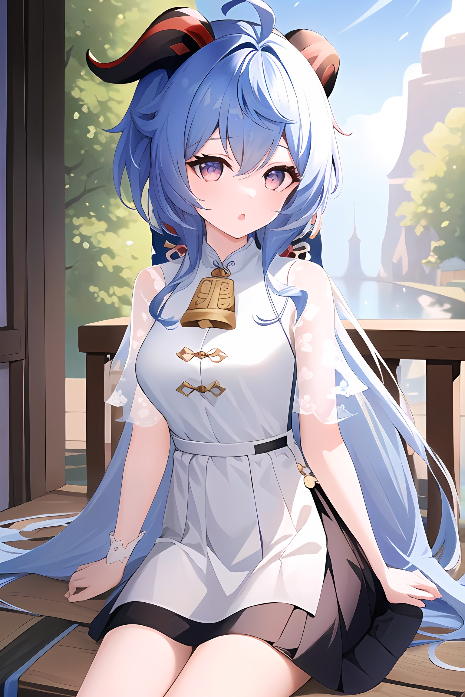 (masterpiece, best quality:1.2),insanely detailed,absurdres,ultra-highres,ultra-detailed,best quality,slender,kawaii,perfect symmetrical face,ultra cute girl,ultra cute face,ultra detailed eyes,ultra cute,ultra beautifu,<lora:ganyu_all-000001:1>,day,street,outdoors,ganyu \(heytea\) \(genshin impact\),ganyu \(genshin impact\),solo,1girl,neck bell,blue hair,long hair,see-through sleeves,dress,chinese clothes,white footwear,alternate costume,black skirt,wristband,:o,sitting,