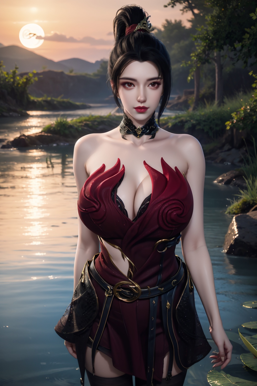 standing,flower,full_moon,moon,night,lily_pad,lotus,moonlight,nipples,water,night_sky,lily_\(flower\),sky,partially_submerged,1girl,solo,hair ornament,long hair,realistic,nail polish,photo_\(medium\),(huge breasts, cleavage),makeup,(8k, RAW photo, best quality, masterpiece:1.2),(realistic, photorealistic:1.3),ultra-detailed,extremely detailed cg 8k wallpaper,(crystalstexture skin:1.2),extremely delicate and beautiful,(sexy pose:1.2),wearing edgHL,see-through,thighhighs,sexy lingerie,(huge breasts:1.2),silk,thin transparent silk,torn pantyhose,blue hair,