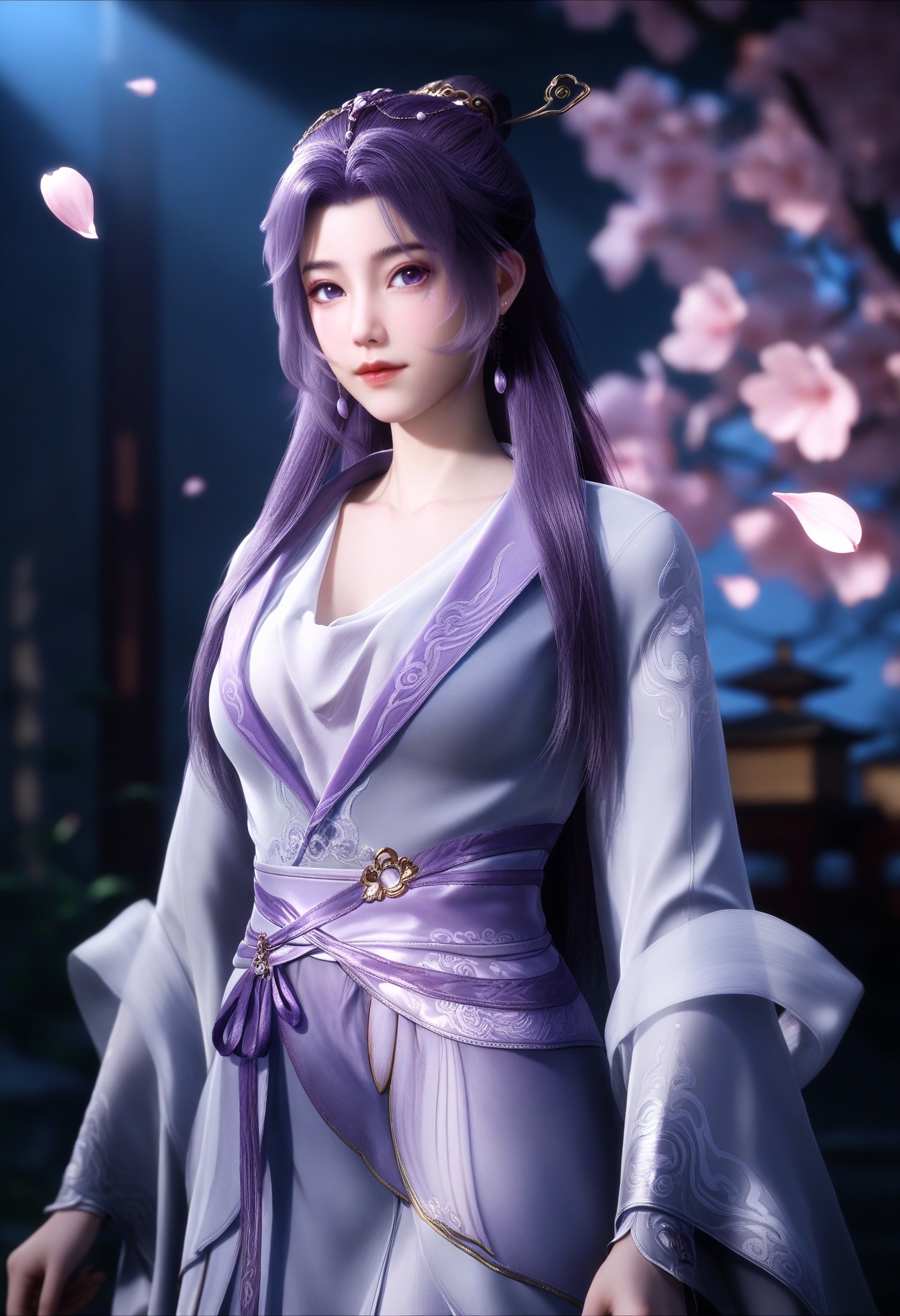 masterpiece,best quality,amazing quality,very aesthetic,high resolution,ultra-detailed,absurdres,scenery,photorealistic,(looking at viewer:1.1),upper body,(Dark room:1.3),(moody lighting:1.1),peach blossom,falling petals,(large breasts:0.8),yunxiao,1girl,long hair,solo,purple hair,hair ornament,dress,chinese clothes,jewelry,earrings,purple eyes,closed mouth,hair bun,long sleeves,facial mark,sash,realistic,shoes BREAK photorealistic details,<lora:QQSillyunxiaoV1:0.8>,