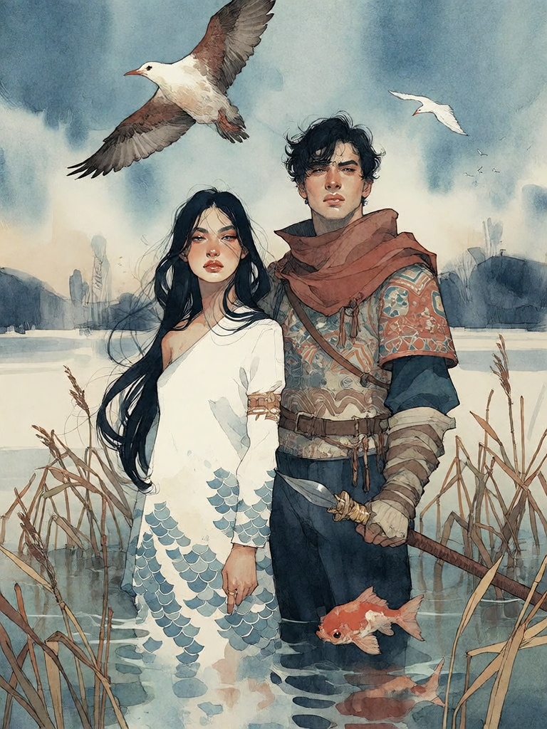Bradhamel art style.A watercolor illustration of a young woman with long dark hair and a man with dark curly hair standing...
