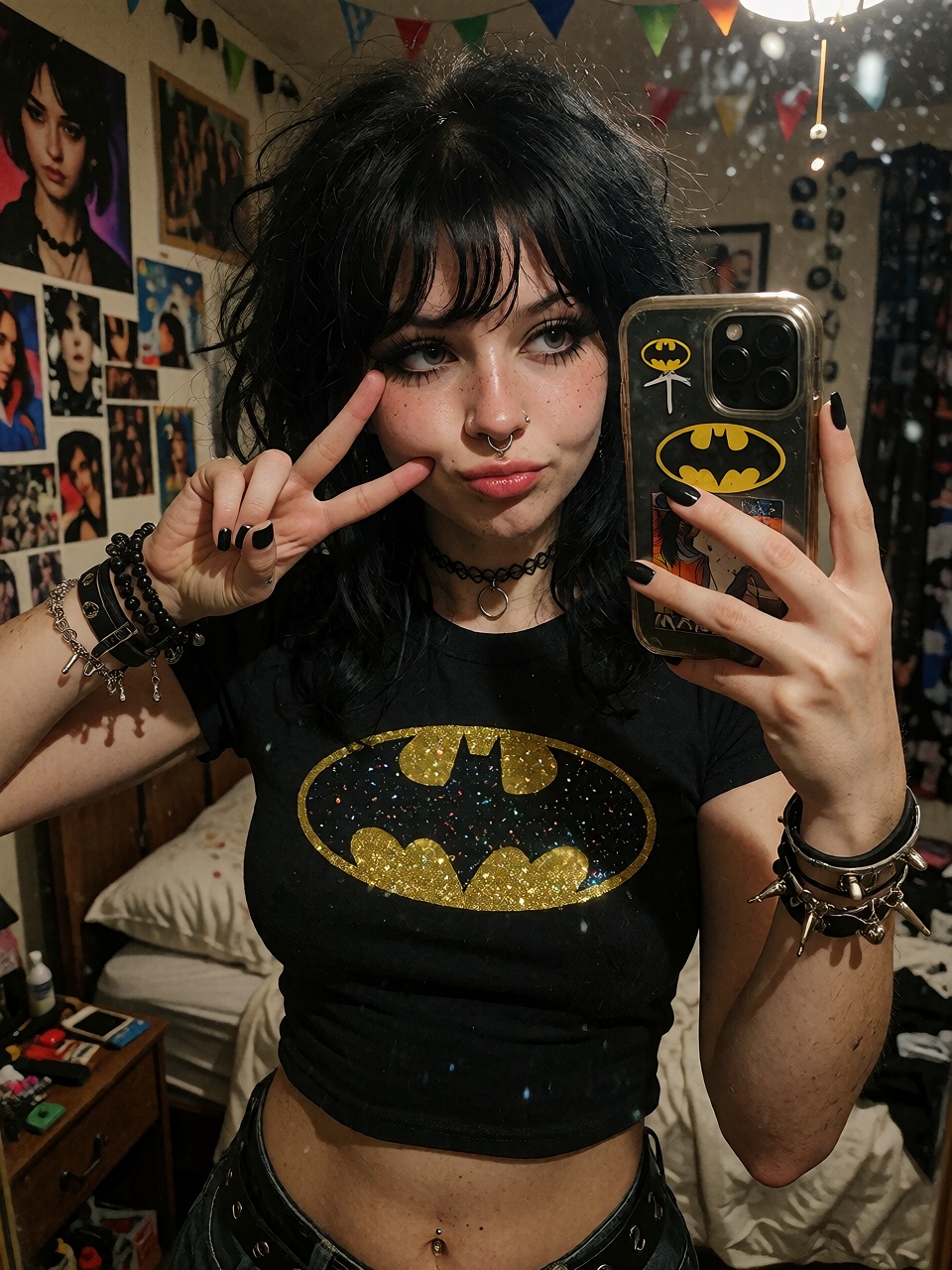 cute e-girl with black voluminous hair taking a mirror selfie in a dim bedroom,  making a peace sign near her cheek,  wear...