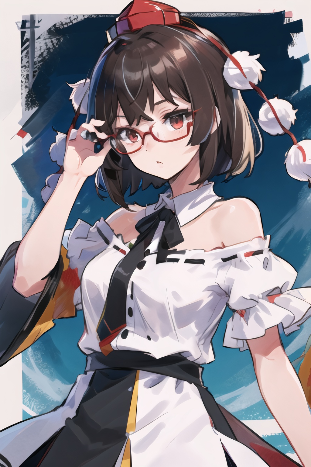 1girl,solo,shameimaru aya,(tokin hat:1.1),pom pom \(clothes\),(red headwear:1.1),off-shoulder_dress,hat,black-framed_eyewear,red eyes,short hair,brown hair,<lora:shameimaru aya002-000012:0.7>,