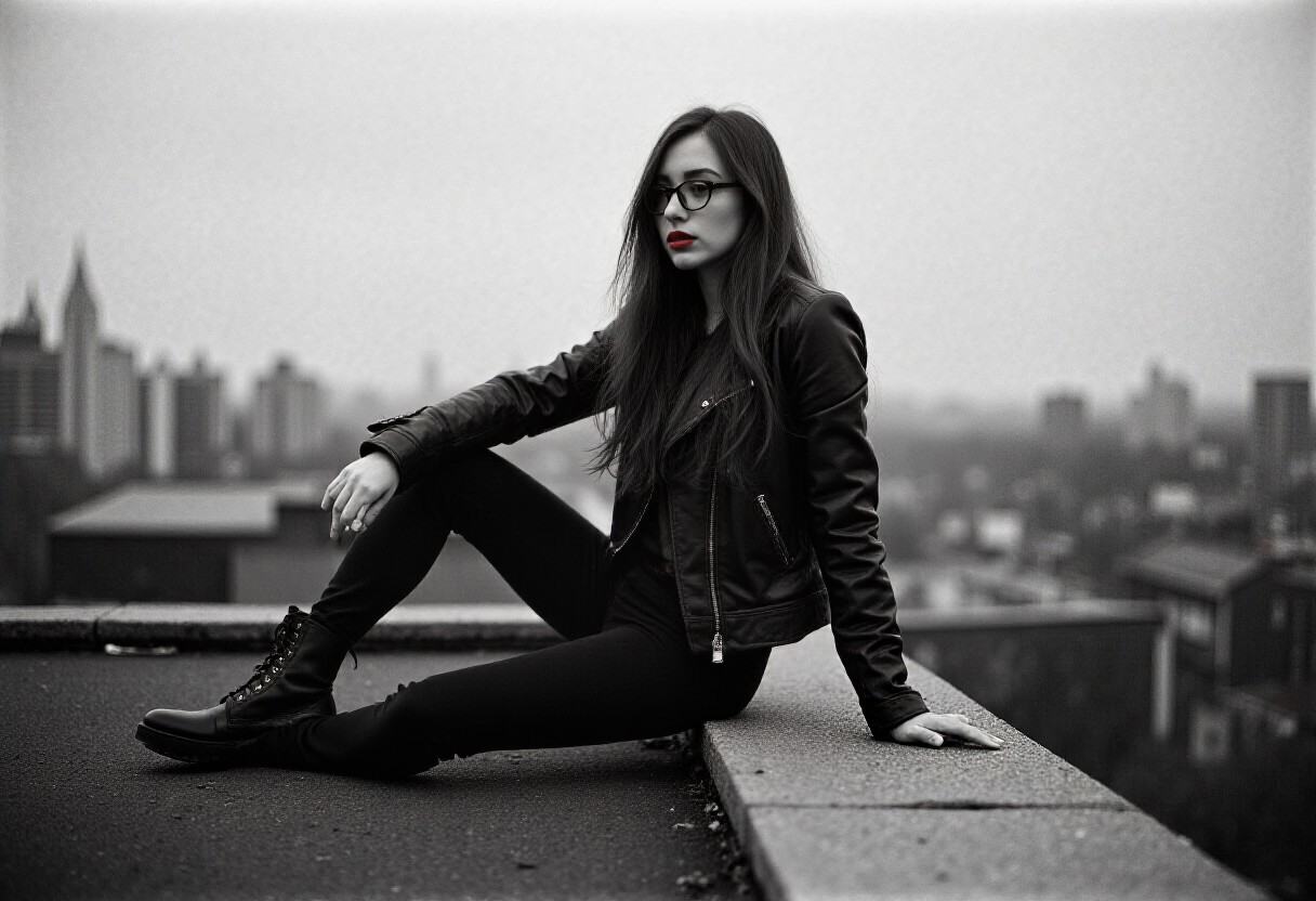 analog_feel,  a quiet moment of urban solitude,  a young woman on a rooftop edge on Tensor.Art