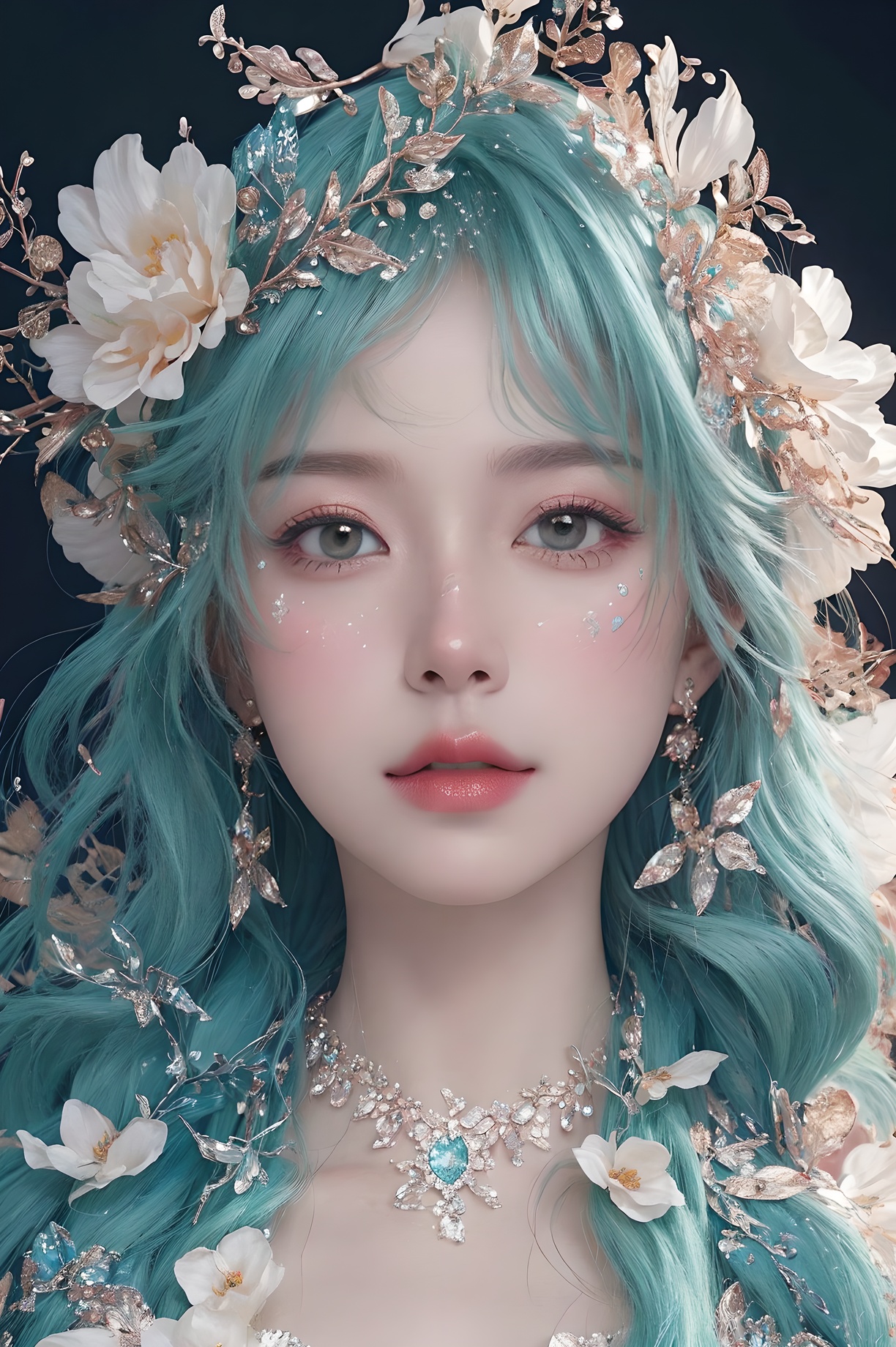 <lora:Fashion_Girl:0.66>green  theme,  snowflakes,  looking at viewer,  portrait,  colorful hair,  jewelry,  close up,  ultra high res,  deep shadow, (best quality,  masterpiece),  dimly lit,  shade, highly detailed,  bold makeup,  flower,  simple background,  depth of field,  film grain,  fashion_girl,  accessories, High detailed, (masterpiece,high quality,best quality),(colorful),(delicate eyes and face),volumatic light,ray tracing,extremely detailed CG unity 8k wallpaper,solo, indoors, palace, lights, window, decorations,(ahoge:1.3),best quality,official art,(((light from the sky))),floating hair,light shines on hair,whultra-detailed,(((extremely detailed cg 8k wallpaper))),(crystalstexture skin:1.4),(extremely delicate and beautiful),(white skin),looking_at_viewer,kinghere fensejiaren,,realistic,