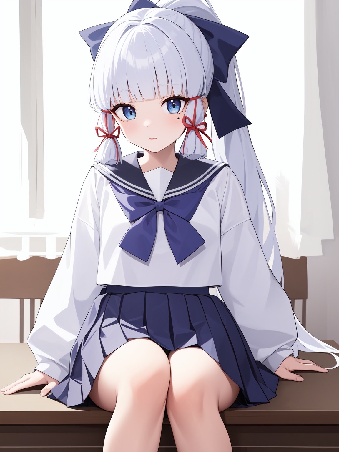 <lora:神里喜茶-000011:0.8>,kamisato ayaka \(heytea\),kamisato ayaka,school uniform,long hair,ponytail,bangs,serafuku,blue eyes,sailor collar,ribbon,shirt,white shirt,hair ribbon,skirt,long sleeves,blunt bangs,pleated skirt,blue skirt,bow,hair bow,mole,white hair,, 1girl,,  (masterpiece,best quality:1.2),absurdres
