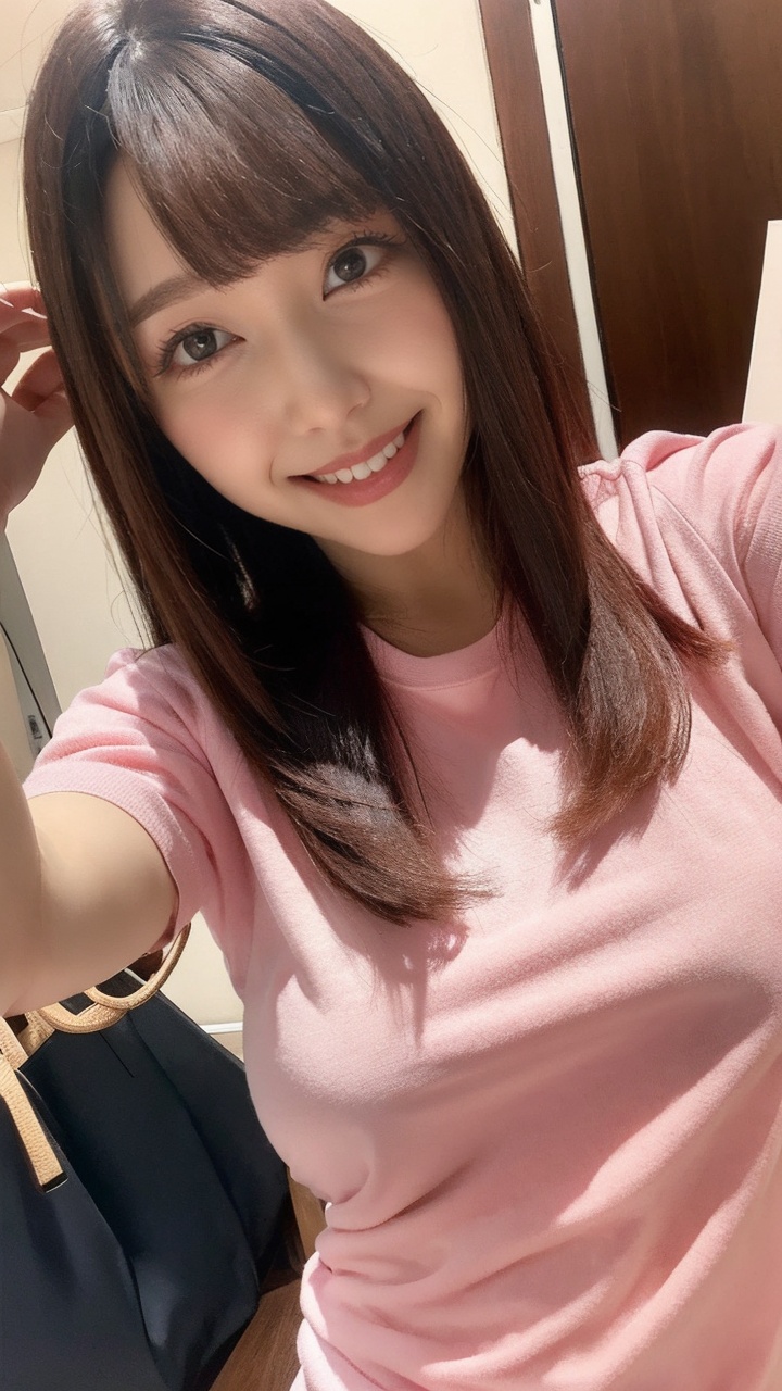 <lora:沙月芽衣-1:0.8>,syyy,1girl,solo,selfie,realistic,looking at viewer,brown hair,shirt,brown eyes,smile,v,lips,pink shirt,teeth,long hair,upper body,indoors,short sleeves,bag,bangs,black eyes,t-shirt,