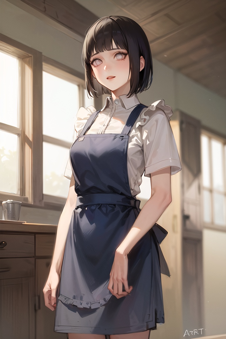 1girl, beautifulHinataNS, solo, looking_at_viewer, short_hair, indoors, apron, volumetric lighting, best quality, masterpiece, intricate details, tonemapping, sharp focus, hyper detailed, trending on Artstation, <lora:HinataNS:1>