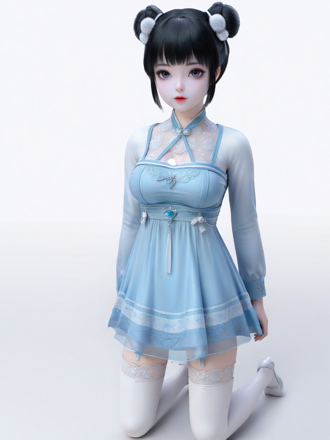score_9,1girl,solo, hair ornament,dress,hair bun,double bun,breasts,large breasts,dress,lipstick,eyelashes,bangs,long sleeves, black hair,looking at viewer,white background,simple background,full body,white boot,white thighhighs,<lora:SF_RuoXi_Pony_Realism2.3-000004:0.72>,