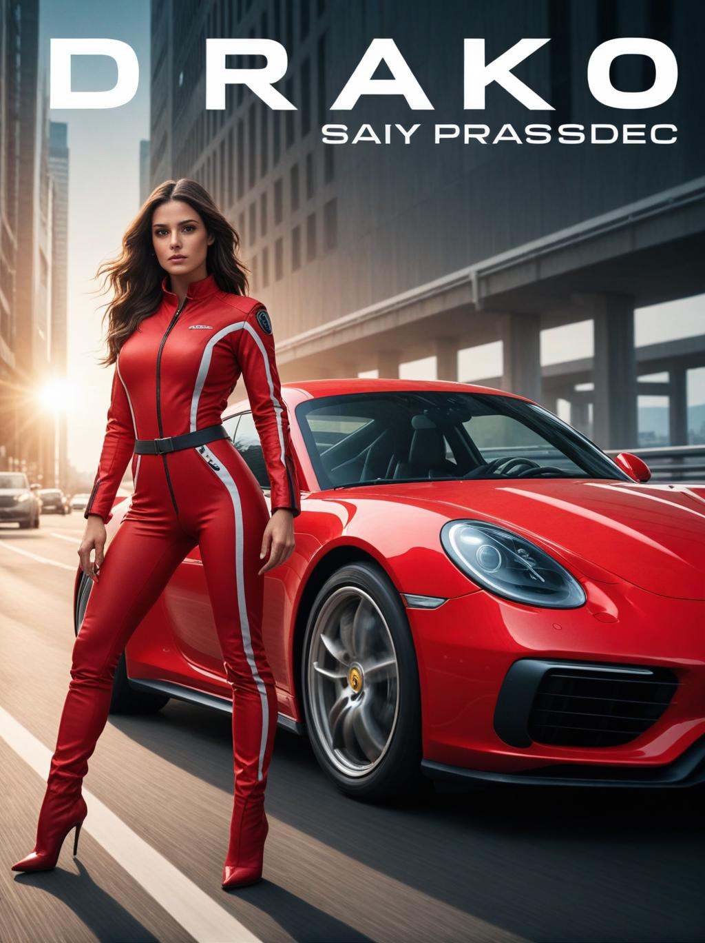 (movie poster with title and text graphics:1.3) (under the title banner text logo "D\R\A\K\O":1.5), (Futuristic spanish young woman, in a red Porsche suit), action pose, epic scene, lots of fine detail, movie style, photography, natural textures, natural light, natural blur, photorealism, cinematic rendering, ray tracing, highest quality, highest detail, Cinematic, Blur Effect, Long Exposure, 8K, Ultra-HD, Natural Lighting, Moody Lighting, Cinematic Lighting, hyper-realistic, vibrant, 8k, detailed, ultra detail,