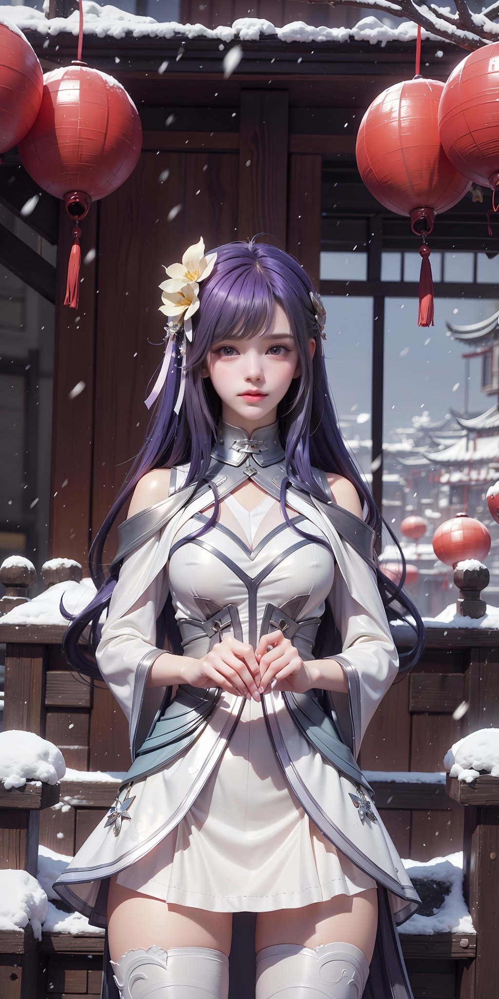 <lora:XS_20240308232611-000007:0.75>,XS,scenery,snow,east asian architecture,architecture,lantern,outdoors,sky,tree,snowing,day,winter,plant,building,window,blue sky,paper lantern,1girl,solo,thighhighs,purple hair,(ahoge:1.2),long hair,hair ornament,white thighhighs,skirt,purple eyes,zettai ryouiki,looking at viewer,blue eyes,virtual youtuber,flower,hair flower,white dress,bangs,dress,, (raw photo:1.2),((photorealistic:1.4))best quality,masterpiece,illustration,an extremely delicate and beautiful,extremely detailed,CG,unity,8k wallpaper,Amazing,finely detail,masterpiece,best quality,official art,extremely detailed CG unity 8k wallpaper,absurdres,incredibly absurdres,huge filesize,ultra-detailed,highres,extremely detailed,beautiful detailed girl,cinematic lighting,1girl,pale skin,tall female,(perfect body shape),skinny body,Slender legs,, (Cowboy shot,Distant view,telechoto:1.1)