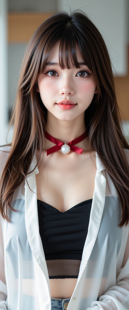 a young asian woman with a light skin tone and long, wavy brown hair that cascades over her shoulders, she has large, expressive brown eyes with a subtle, natural makeup look, including thick, dark eyeliner and mascara, and a light pink blush on her cheeks, her lips are full and naturally pink, and she has a subtle smile, she wears a red choker with a small pearl at the front and a red ribbon tied around her neck, adding a touch of elegance to her outfit, she is dressed in a white jacket with a black top underneath, which appears to be a casual, yet stylish ensemble, the background is blurred, but it seems to be an indoor setting with light-colored wooden furniture, possibly a kitchen or a living room, suggesting a modern, minimalist interior, the overall aesthetic is soft and natural, with a focus on the subject's delicate features and the simplicity of her outfit; ;,(((photo raw)), Practical Lighting and Top Lighting high contrast and Shadow/Highlight Enhancement , ,),from front,Alternate Reality, Stylish Fashion, Creative Art, Unique Aesthetic,Alternative Style,reflective light,glowing,energy, reflection ,wearing see-through cheongsam,
