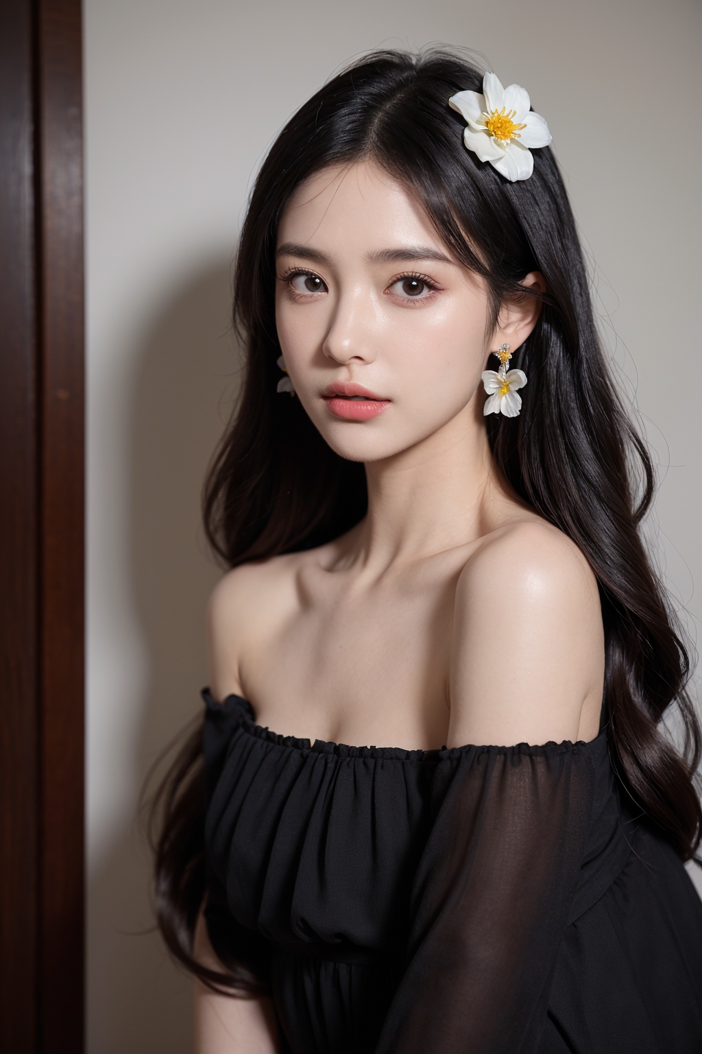 1girl, solo,(front view:1.2),(looking_at_viewer:1.4),(eye-contact:1.4),,black hair, long hair, jewelry, realistic, earrings, hair ornament, black eyes, lips, collarbone, parted lips, flower, watermark, upper body, portrait, hair flower, dress, web address, , c