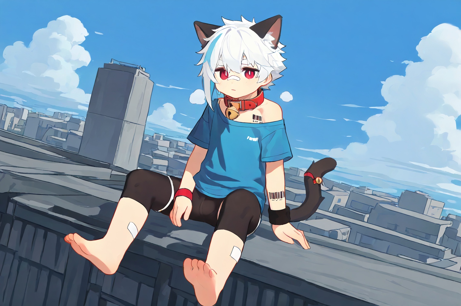 Right mid length drooping frontal hair,(Asymmetric hair on the temples:1.2),Expose left shoulder,wristband,thick eyebrows,barcode tattoo,heavy_breathing,<lora:电影工坊V3.0:0.5>,AKIRA,cat boy,1boy,solo,male_focus,(white_hair:0.8),red eyes,[bell on collar,Collar,Cortical collar,Large collar],(blue t-shirt,black_leggings under shorts,black bike_shorts),(barefoot) BREAK dutch angle,vanishing point,sitting on rooftop,(blue sky,cloud,wind),(masterpiece, best quality:1.1),foot focus,bandage on nose,bandage on leg,Tail decoration,cat tail,