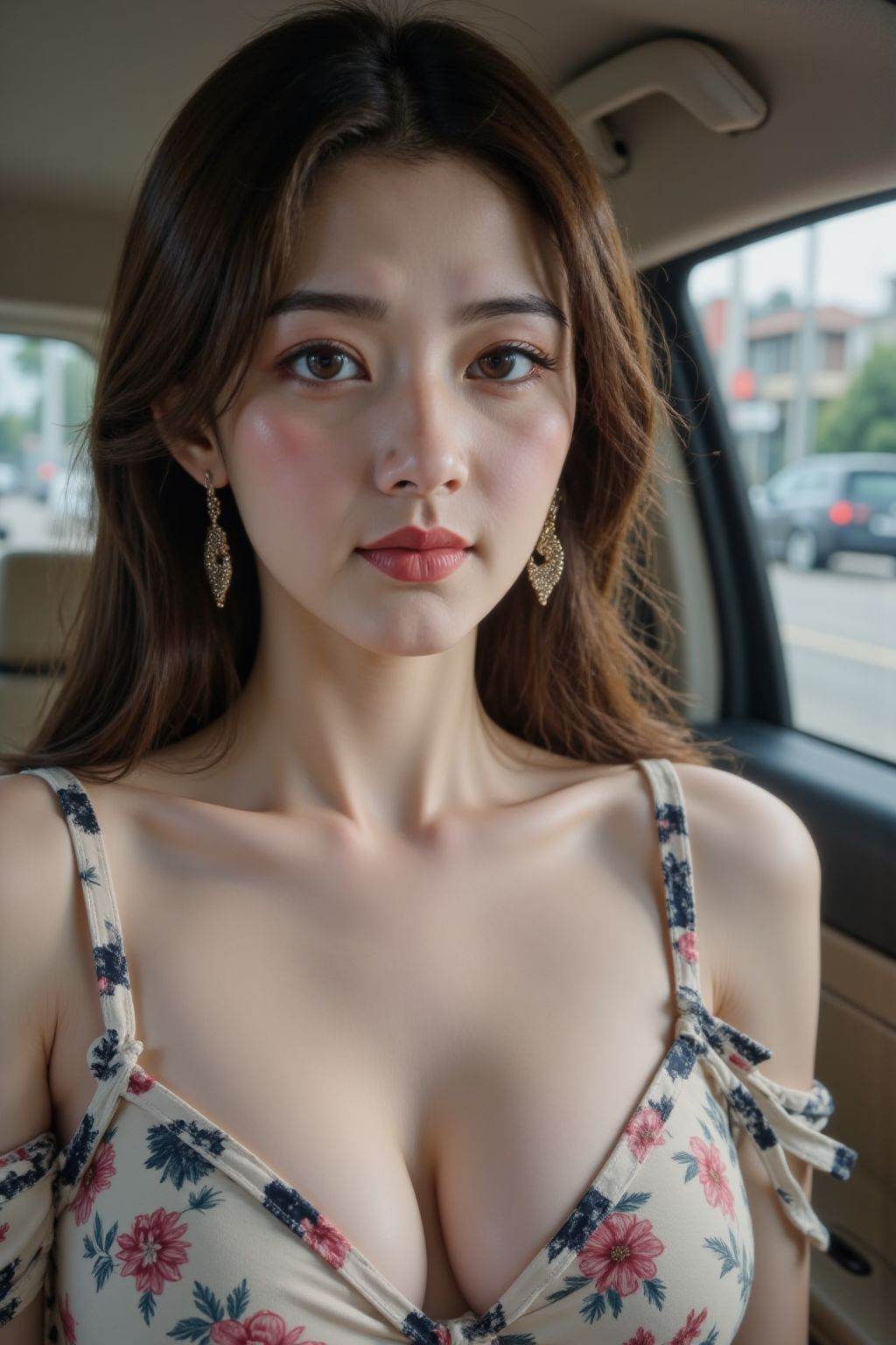 HDR photo of cinematic film still 1girl, solo, long hair, breasts, looking at viewer, large breasts, brown hair, bow, cleavage, bare shoulders, brown eyes, jewelry, closed mouth, collarbone, upper body, heart, earrings, lips, window, ground vehicle, motor vehicle, realistic, car, heart earrings, car interior, . shallow depth of field, vignette, highly detailed, high budget, bokeh, cinemascope, moody, epic, gorgeous, film grain, grainy . High dynamic range, vivid, rich details, clear shadows and highlights, realistic, intense, enhanced contrast, highly detailed