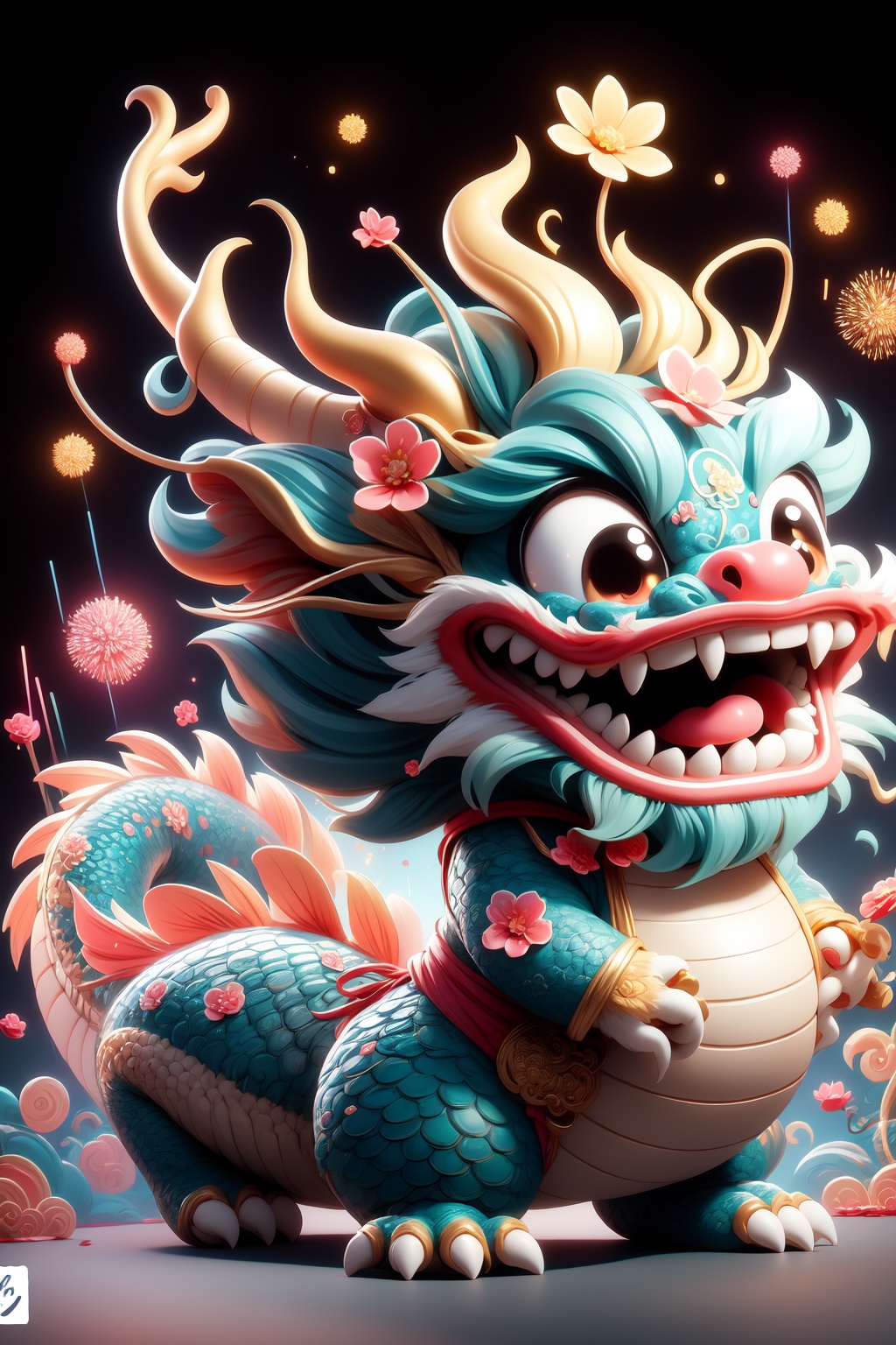 bubble  bobble,(golden_scale:1.2), Illustration cartoon cute art style,cute pet,flowers,open mouth, flower, eastern dragon, black hair, dragon, hair bun, black background, teeth, chinese clothes, smile, fireworks, long sleeves, fangs<lora:kim_2024春节限定【龙】:0.8>
