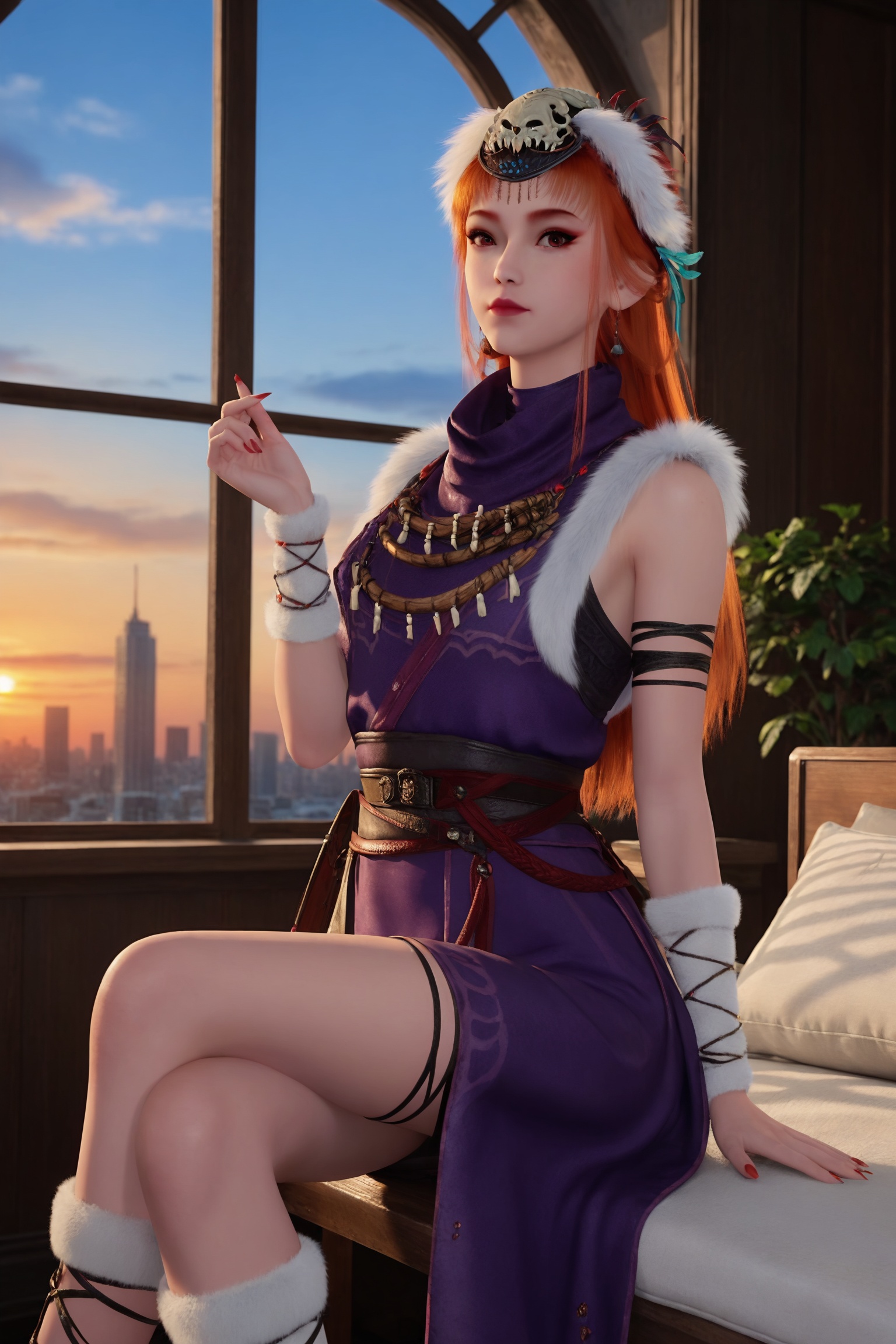 score_9_up,1girl,solo,sitting,window,frills,sky,cloud,indoors,cityscape,closed_mouth,sunset,looking at viewer,<lora:d9242a:0.7>,long,reddish-orange hair,small,intricately headdress,white fur piece.a deep purple,long-sleeved dress with intricate embroidery and a high collar,complemented by a white fur wrap around shoulders. a sword sheathed at her waist.,