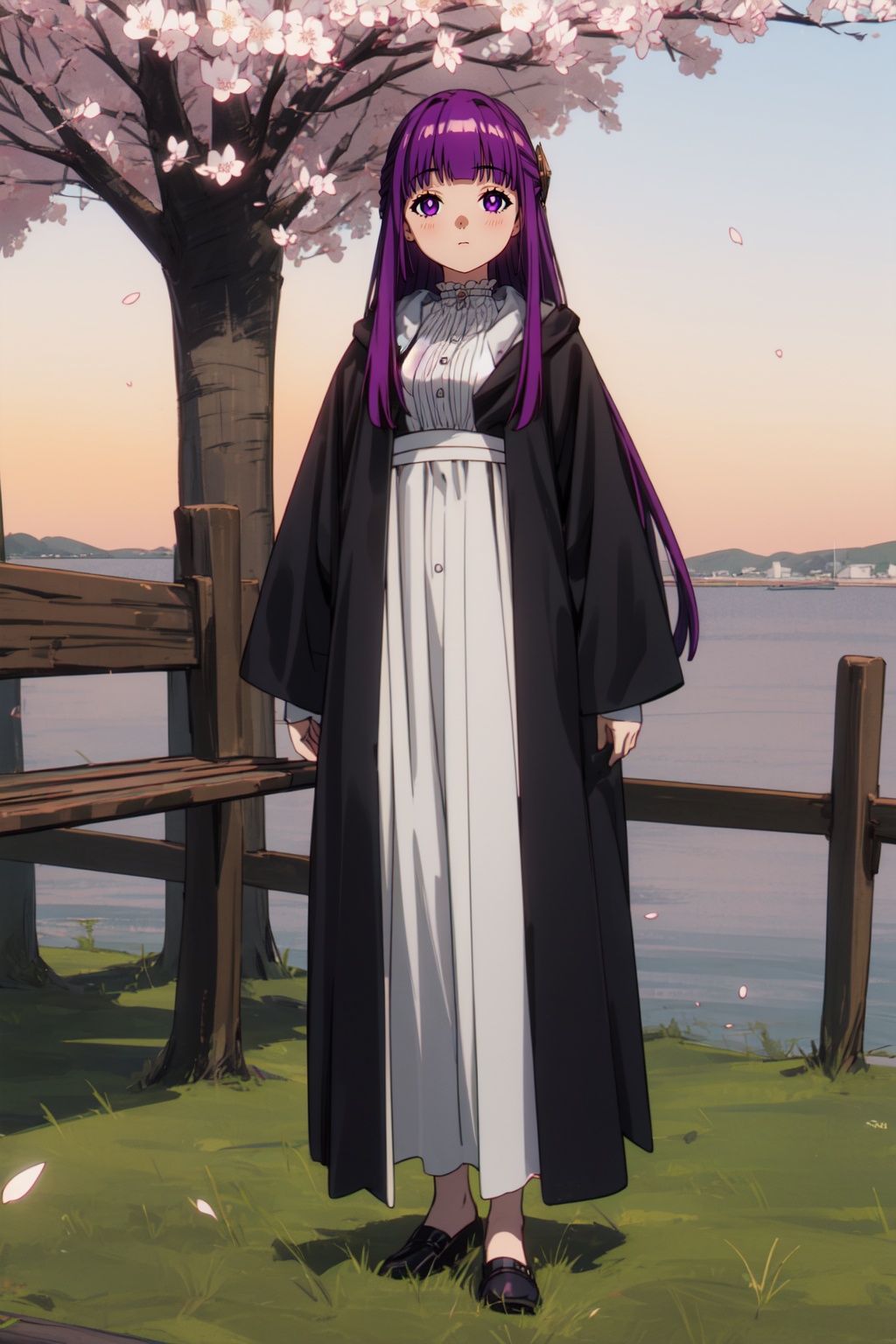 masterpiece,best quality,cinematic lighting,1girl,solo,full body,(looking at viewer:1.1),(standing:1.2),<lora:lora-000010.by_tusi:1>,Fern_SNF,purple hair,very long hair,blunt bangs,sidelocks,half updo,purple eyes,dress,white dress,robe,black robe,open_clothes,long sleeves,BREAKscenery,Sunset,Orange hues,Serenity,Coastal views,Cherry blossoms,Magnolia trees,Park benches,Afternoon,<lora:增强减少细节add_detail:0.5>,8k,ultra-detailed,