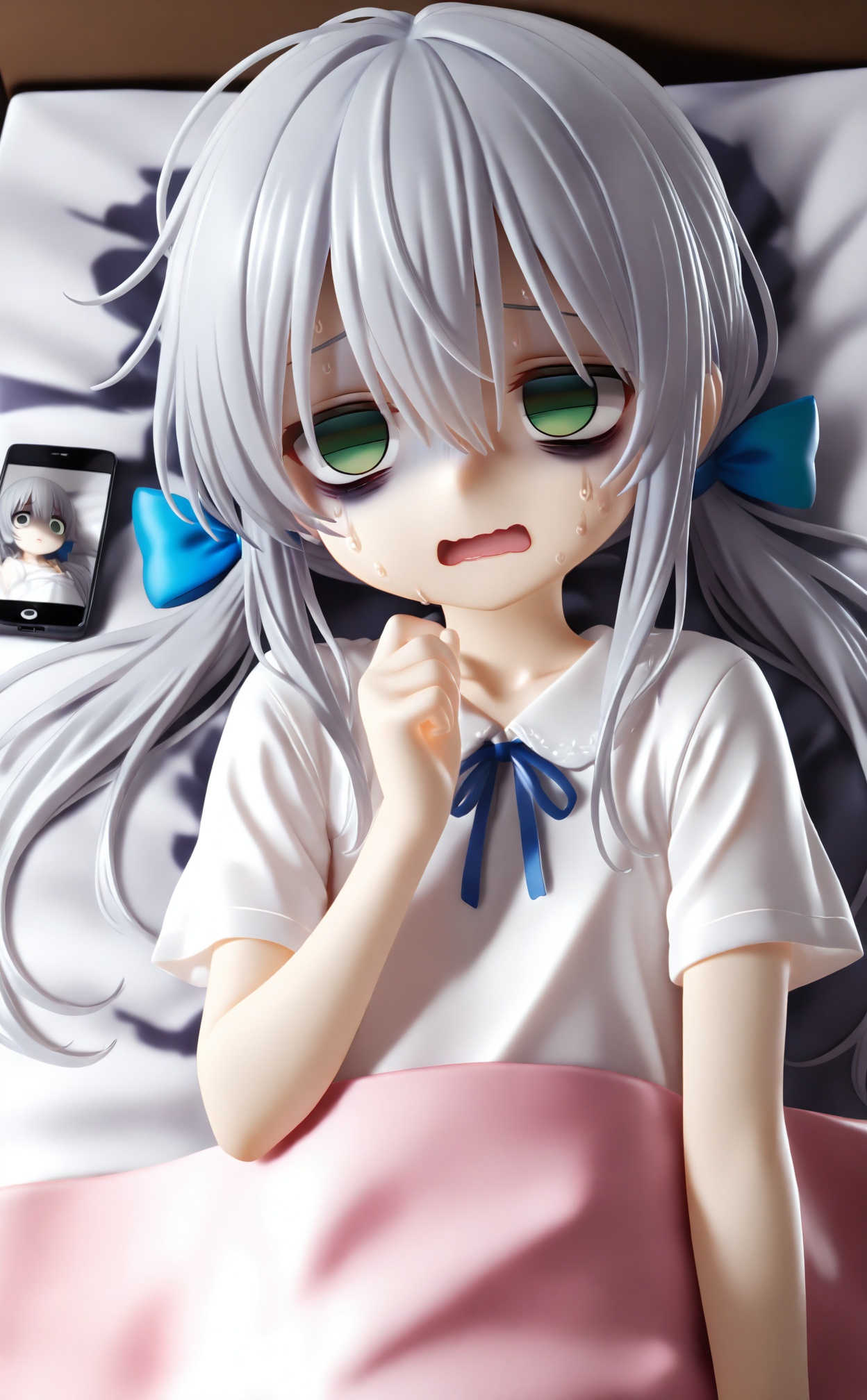 masterpiece,loli, phone, holding phone, holding, cellphone, grey hair, turn pale, bow, hair bow, green eyes, sweat, shirt, 1girl, smartphone, white shirt, on side, looking at phone, lying, open mouth, gloom (expression), blue bow, empty eyes, long hair, hair rings, short sleeves, solo, hand up, low twintails, shaded face,  twintails, bed sheet, no pupils, bags under eyes, on bed, nervous sweating, upper body, portrait, looking at object, under covers, hair between eyes, wavy mouth,<lora:pvc3——【Illustrious】hans:0.8>,