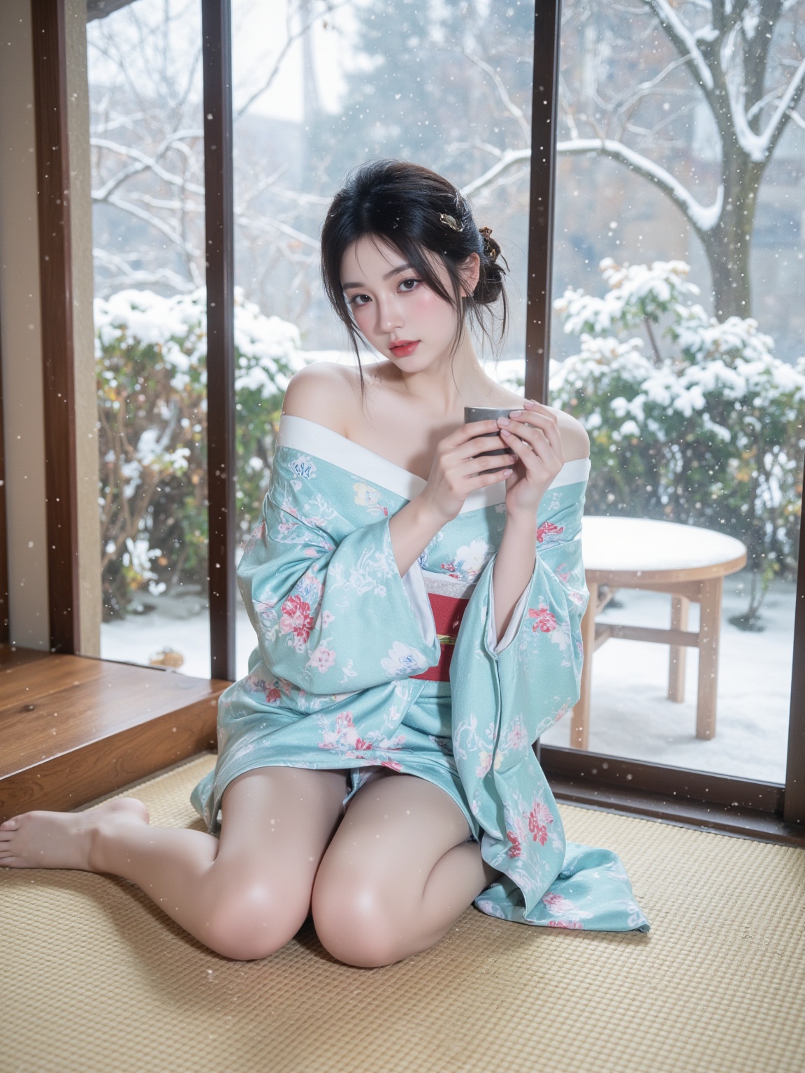 <lora:al.24:0.8>,Seated in the photo, a blue-eyed, dark-haired woman, full body shot, bare shoulder, Japanese kimono, long sleeve, she holds a cup and looks at the audience, hair up, bangs, eyebrows visible through the hair, sitting on the tatami indoors, it's snowed outdoors, bare shoulder, kneeling, Korean, it's snowed, makeup, bare legs, women's single photo, bare feet, cup, red lips, Hair between the eyes, wide Angle lens