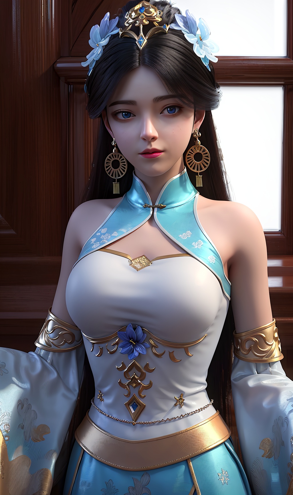 masterpiece,(best quality),3d,official art, extremely detailed cg 8k wallpaper,((crystalstexture skin)), (extremely delicate and beautiful),highly detailed,1girl,solo,long hair,headwear,(standing),(black_hair),((china_dress,skirt,dress)),, (chinese_clothes),((upper body)),(closed_mouth), (medium breasts),((hair_ornament)),(sunshine, indoor,(bed)),((looking_at_viewer)),((Facing the camera)), <lora:hipoly3DModelLora_v10:0.3>