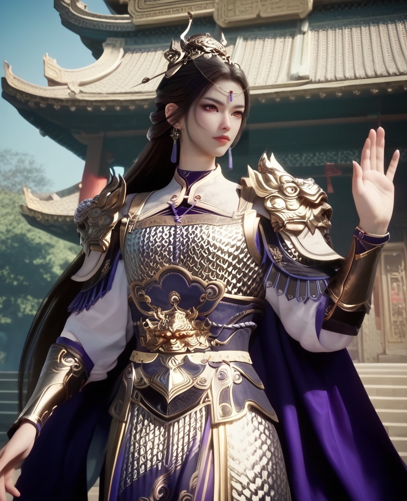 (oriental architecture, elegant decor, sophisticated style:1.1),(waving hands:1.1),(breasts:1.2),<lora:XL16牧神记虞渊初雨:0.95>,female general,white armor,orange eyes,forehead pendan,black hair,very long hair,half-up braid with long cascading hair,earrings,pauldrons,vambraces,sash,faulds,purple cape,jambeau,, score_9,score_8_up,score_7_up,score_6_up,score_5_up,score_4_up,3d rendering,tag1,tag2, Cinematic Lighting,backlighting,