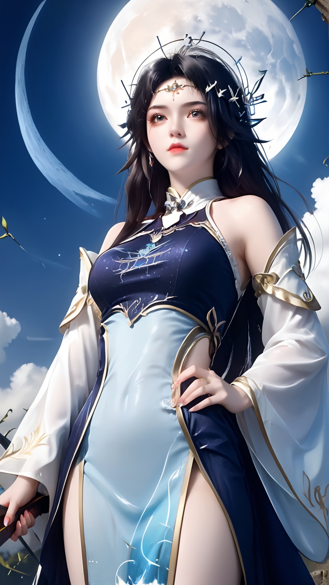 The image is a digital illustration of a young woman with long dark hair and a crown of thorns on her head. She is wearing a white and blue outfit with gold accents. The outfit has a high neckline and long sleeves,and she is holding a sword in her right hand. The woman is standing in front of a full moon,with a blue sky and clouds in the background. She has a serious expression on her face and is looking directly at the camera. The overall mood of the image is mystical and powerful.,<lora:pony玄衣-000004:0.8>,