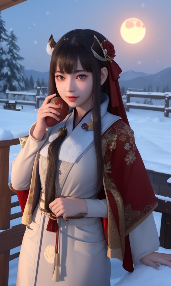 (,1girl, ,best quality, ),looking at viewer, <lora:399-DA-少年歌行-华锦:0.8> ,, ,masterpiece, (( , )),, realistic,science fiction,mole, ultra realistic 8k cg, ,tamari \(flawless\),     ,outdoors, snow, snowing, snow on head, sun,sunset,sunlight,moonlight,full moon, red moon,  crescent moon,  crescent rose,  black rose,       (()), (),