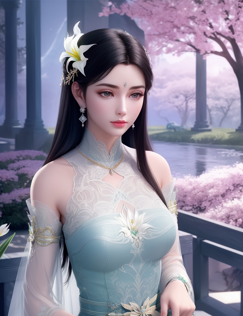 ultra realistic 8k cg, picture-perfect face, flawless, clean, masterpiece, professional artwork, famous artwork, cinematic lighting, cinematic bloom, perfect face, beautiful face, fantasy, dreamlike, unreal, science fiction,  beautiful clothes, lace, lace trim, lace-trimmed legwear,  (rich:1.4), prestige, luxury, jewelry, diamond, gold, pearl, gem, sapphire, ruby, emerald, intricate detail, delicate pattern, charming, alluring, seductive, erotic, enchanting, hair ornament, necklace, earrings, bracelet, armlet,halo((,1girl, pov,))(((,lily \(flower\),  1girl, spring_\(season\), solo,looking at viewer, ))) <lora:DA_XiaoXunEr:0.6>