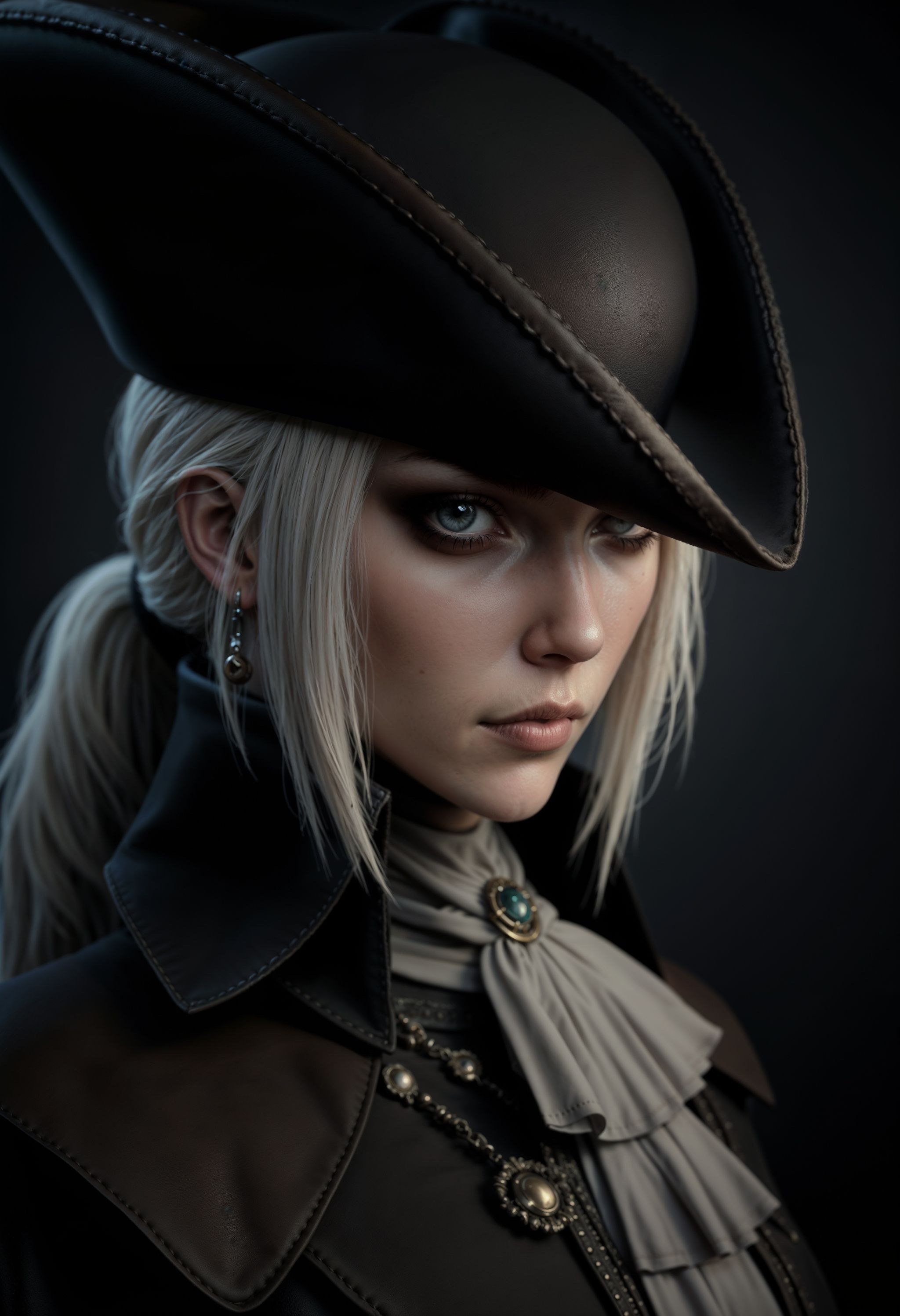 ultra realistic close up of Lady Maria,  wearing her dark outfit,  her white hair showing under her hat on Tensor.Art