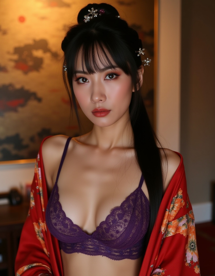 A photograph captures an Asian woman with fair skin and long, dark hair styled in an elegant updo, adorned with traditional Japanese hair accessories. She wears a revealing purple lace bra, showcasing her ample cleavage, and a red floral kimono. Her makeup is dramatic, with smoky eyes and nude lipstick. The background features a blurred, warm-toned painting, possibly Japanese art. The setting is indoors, with soft, ambient lighting enhancing the intimate and artistic atmosphere.