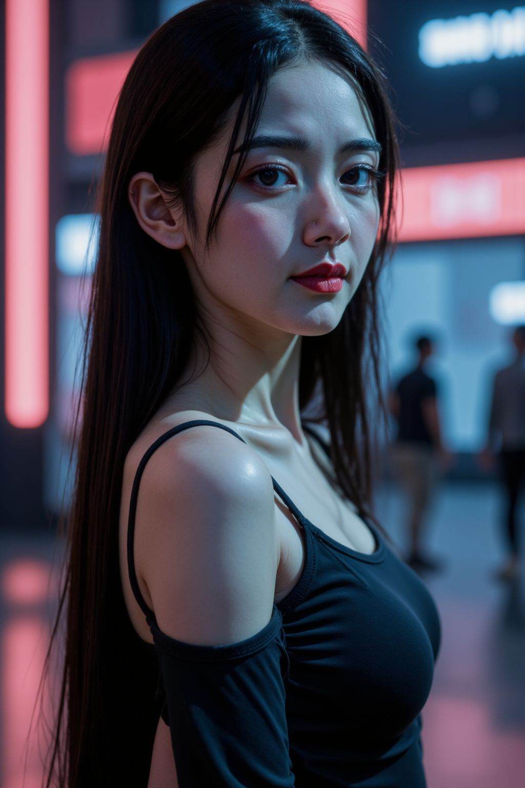 HDR photo of cinematic film still a young girl, solo, long hair, breasts, looking at viewer, black hair, dress, bare shoulders, medium breasts, closed mouth, standing, detached sleeves, blurry, black dress, lips, blurry background, side slit, realistic, cyberpunk, neon lights, . shallow depth of field, vignette, highly detailed, high budget, bokeh, cinemascope, moody, epic, gorgeous, film grain, grainy . High dynamic range, vivid, rich details, clear shadows and highlights, realistic, intense, enhanced contrast, highly detailed
