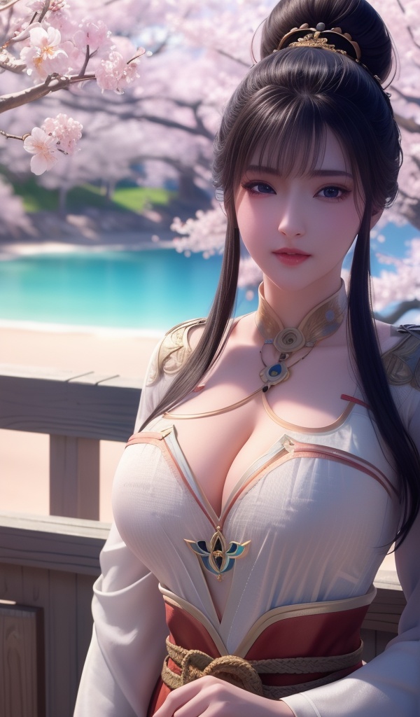 <lora:638-DA-暗河传-白鹤淮-妇人:0.8>(,1girl, ,best quality, ),looking at viewer,  ultra detailed background,ultra realistic 8k cg,ultra detailed 8k cg,masterpiece,upper body,  (( , )),, ,science fiction,mole, ultra realistic 8k cg, ,    ,outdoors, sun,sunlight, cherry blossoms,      (cleavage), (),