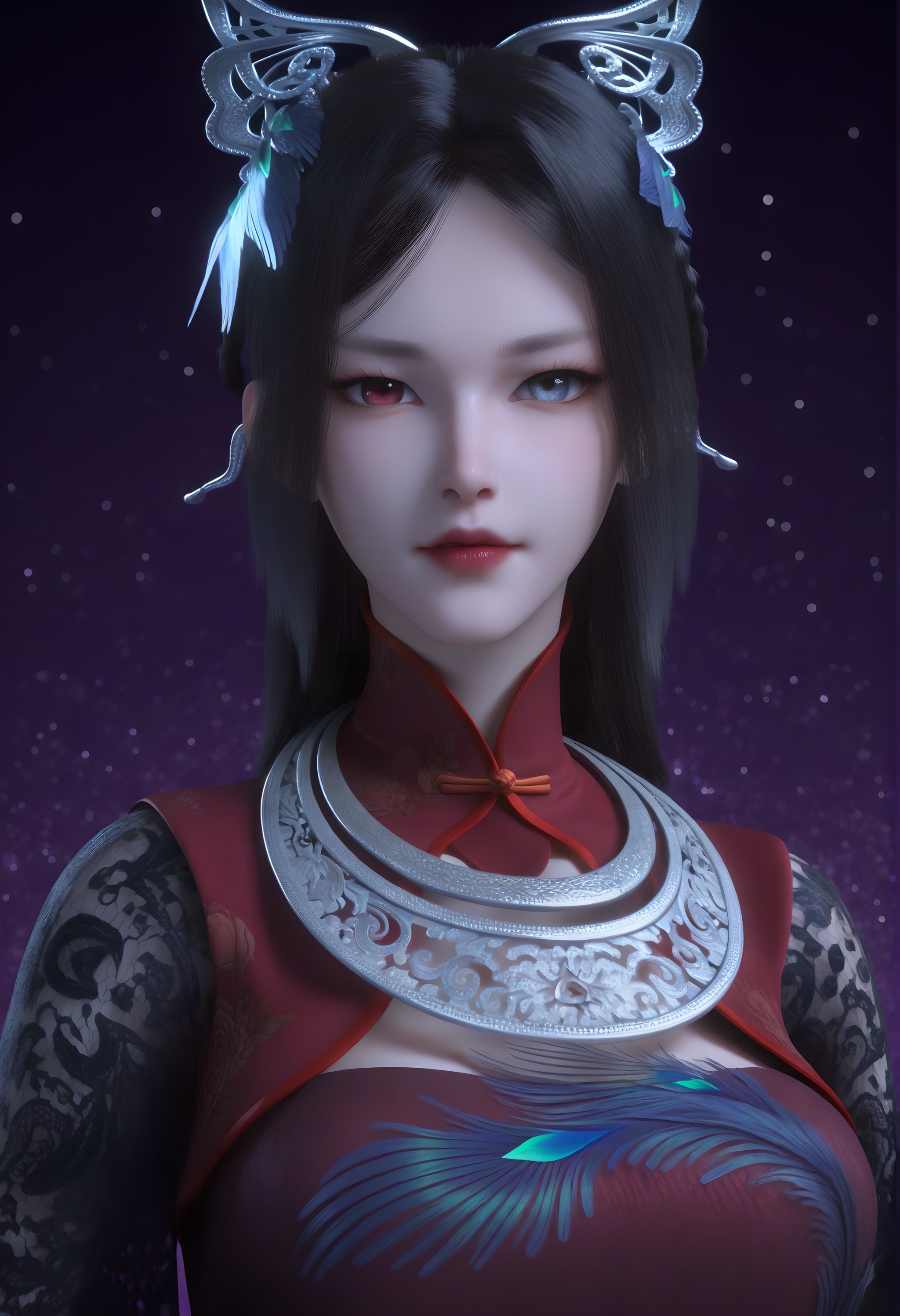 (score_9),upper body,<lora:慕雨墨-apony-000009:0.83>,muyumo,1girl,solo,heterochromia,hair ornament,black hair,feather hair ornament,long hair,braid,high collar,silver collar,crop top,lace sleeves,mature_female,collarbone,cleavage,BREAK<lora:Expressive_H-000001:0.8>,light blush,Expressiveh,looking at viewer,front view,<lora:e肤色滑块:0.35>,fair_skin,(pale skin),(white_skin),ultra-detailed skin texture,detailed textures,BREAKa,simple background,<lora:e色温:0.25>,sparkle,(sparkle background),4K ultra HD,sharp focus,high detail,high contrast,