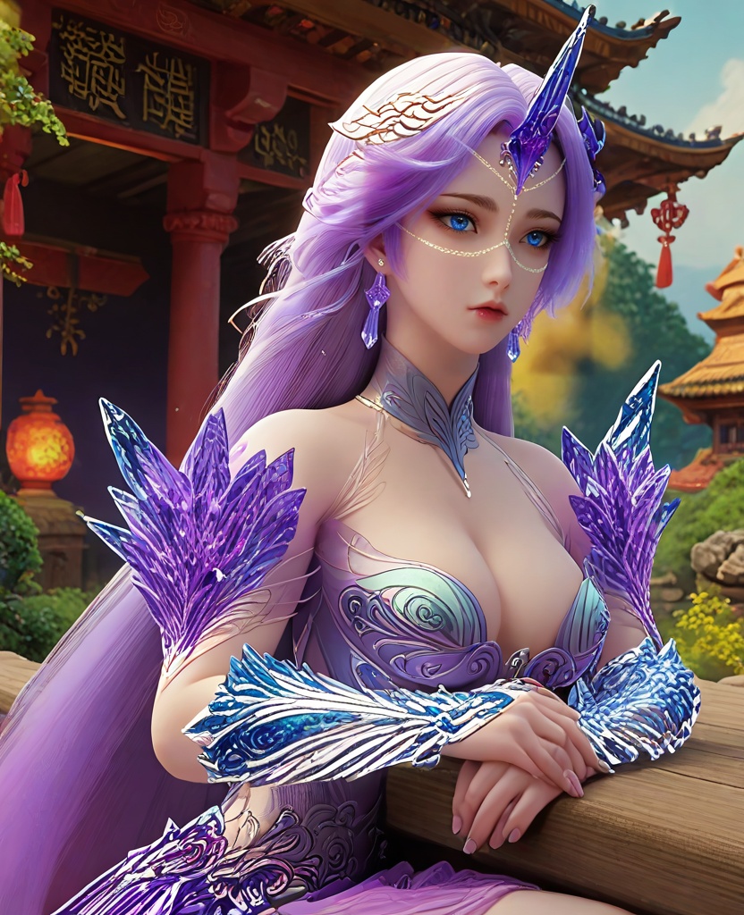 (oriental architecture, elegant decor, sophisticated style:1.1),Sitting on a bench, arms resting on the backrest,,(breasts:1.2),<lora:XL16完美世界月柳:0.95>,miss yueliu,solo,boobplate,purple skirt,blue eyes,forehead crystal horns,face chain,unicorn hair,very long hair,earrings,crystal pauldrons,crystal faulds,fart curtain,crystal vambraces,ashi kazari,, zPDXL2, score_9, score_8_up, score_7_up BREAK realistic, masterpiece,best quality, highly detailed,, zPDXL3, zPDXL2,zPDXL, zPDXLxxx, zPDXLrl,