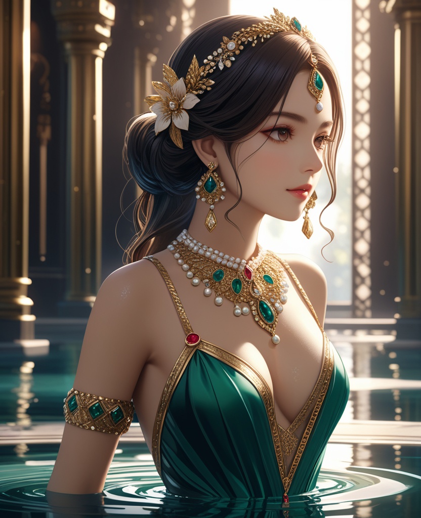 (,1girl, ,best quality, ),looking at viewer,  ,ultra detailed background,ultra detailed background,ultra realistic 8k cg,, ,masterpiece,((((1girl, solo,  , solo focus, ,walking on liquid, ))))    (cleavage), (), ,ultra realistic 8k cg,   clean, masterpiece,     cinematic lighting, cinematic bloom, , (( , )),,  , unreal, science fiction, luxury, jewelry, diamond, gold, pearl, gem, sapphire, ruby, emerald, intricate detail, delicate pattern, charming, alluring, seductive, erotic, enchanting, hair ornament, necklace, earrings, bracelet, armlet,,